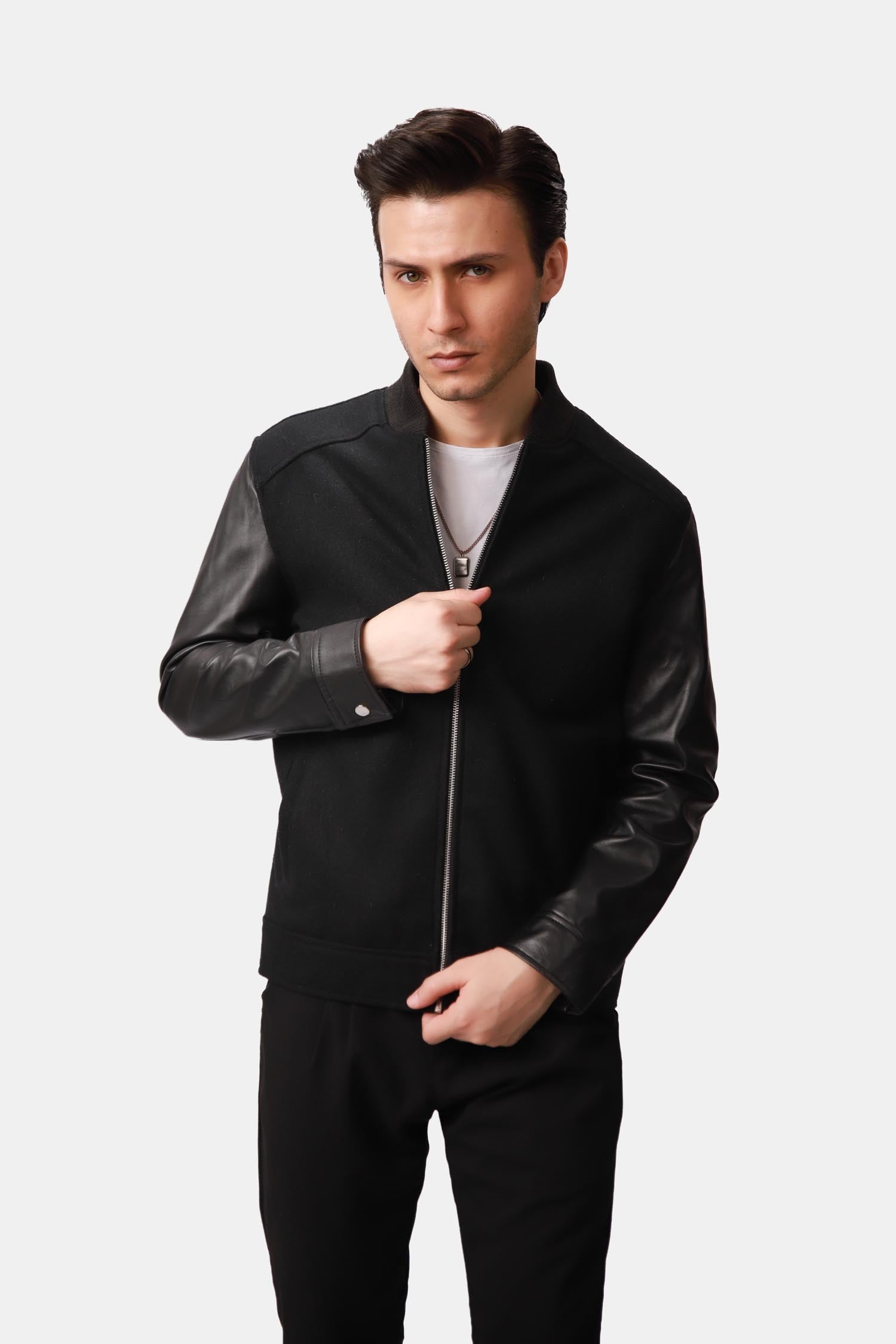 Black Wool Leather Bomber Jacket