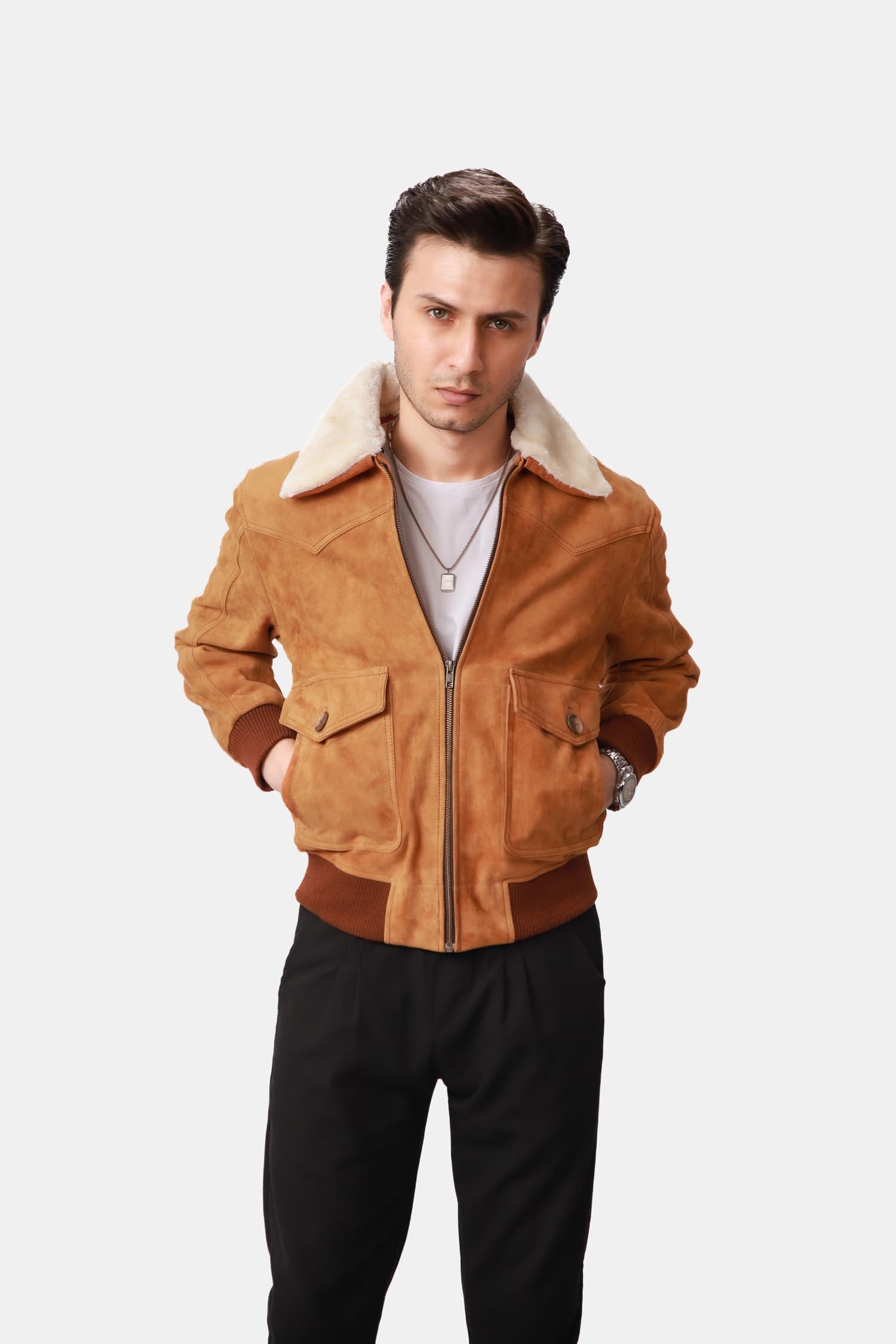 Scotch Camel Brown G-1 Bomber Shearling Suede Leather Jacket For Men