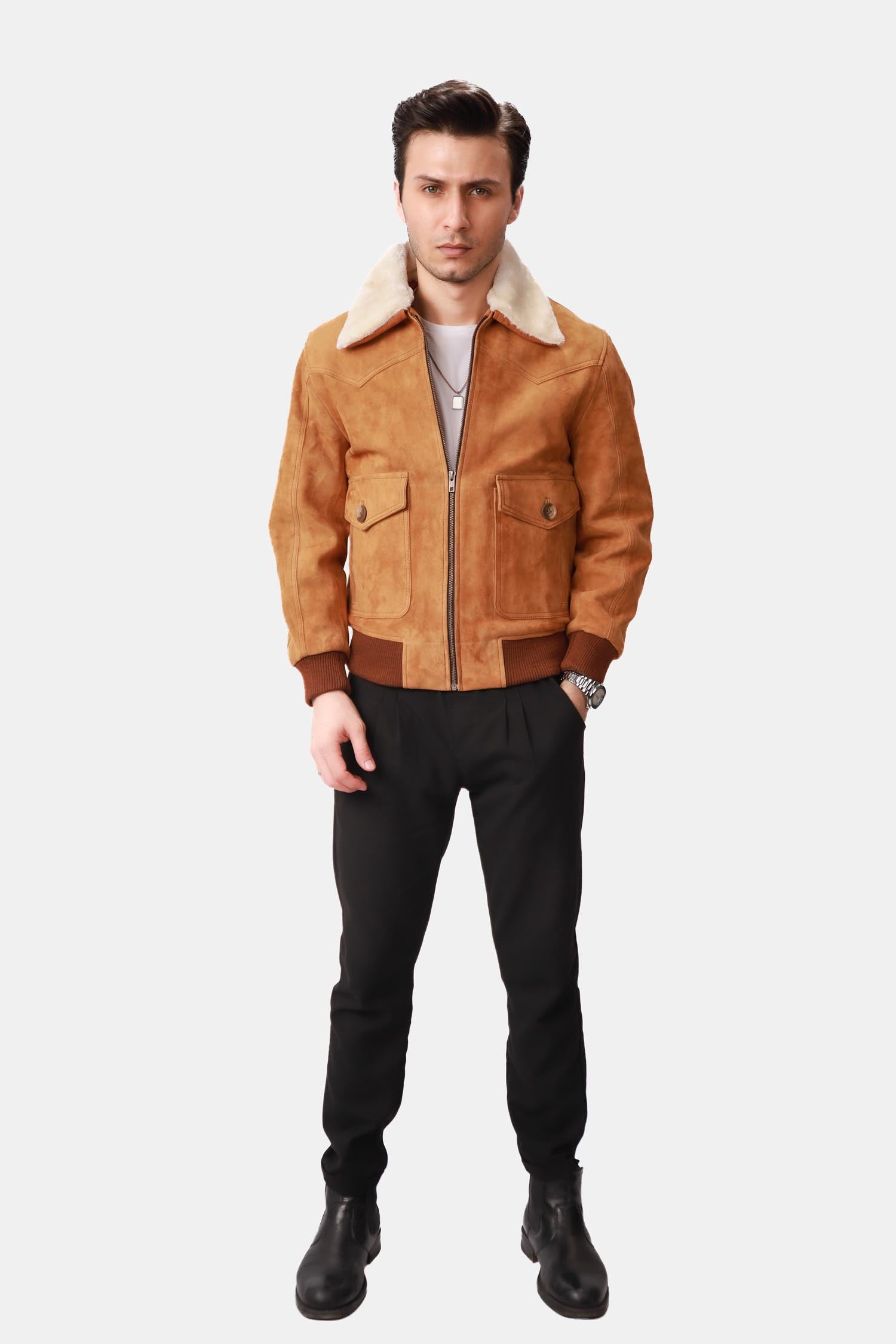 Scotch Camel Brown G-1 Bomber Shearling Suede Leather Jacket For Men