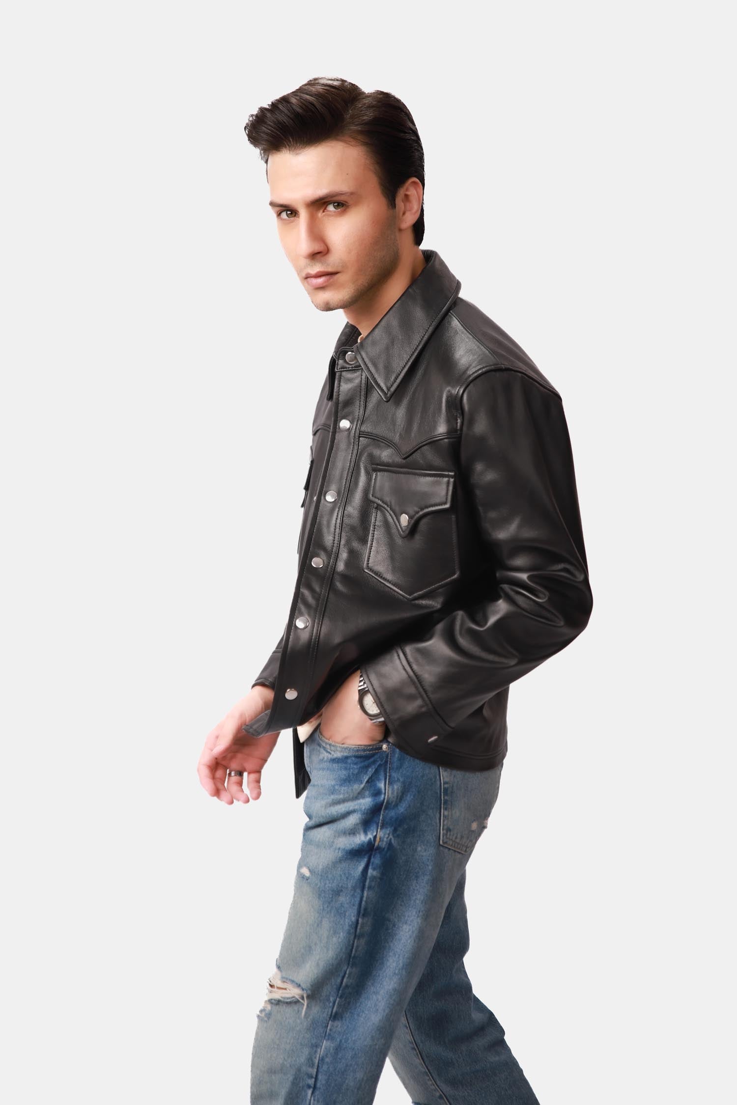 Matte Black Trucker Leather Jacket