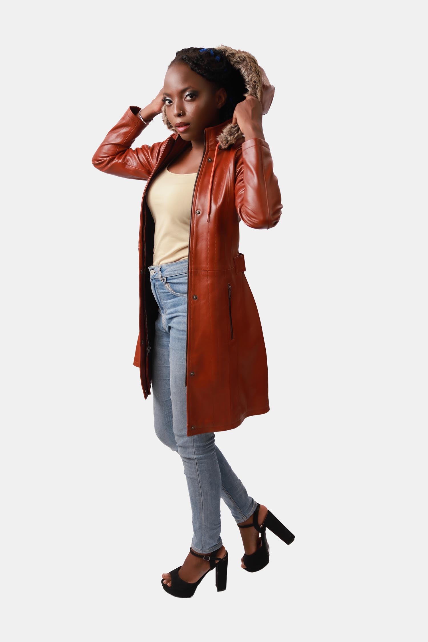 Brown Leather Parka With Hood