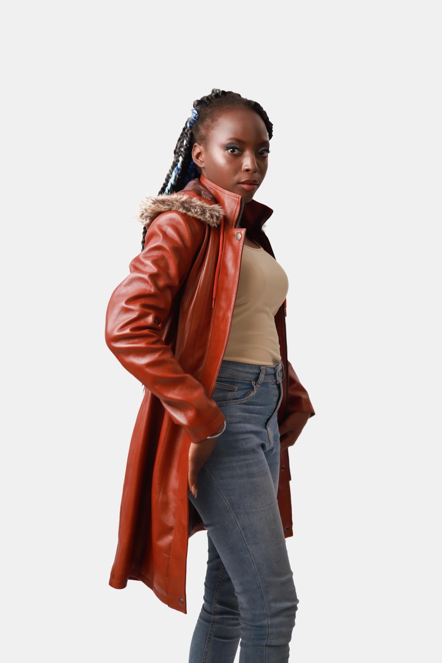 Brown Leather Parka With Hood