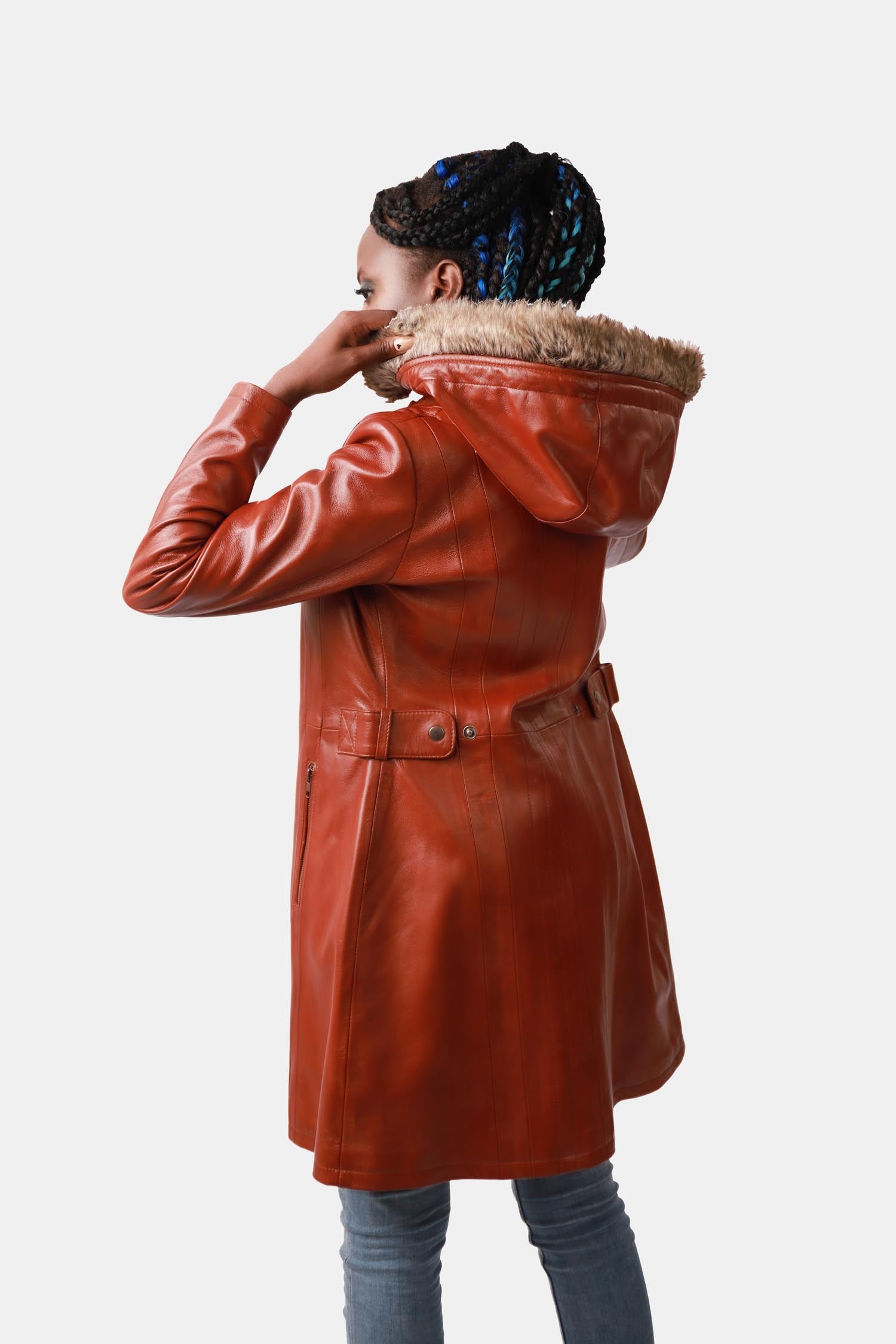 Brown Leather Parka With Hood