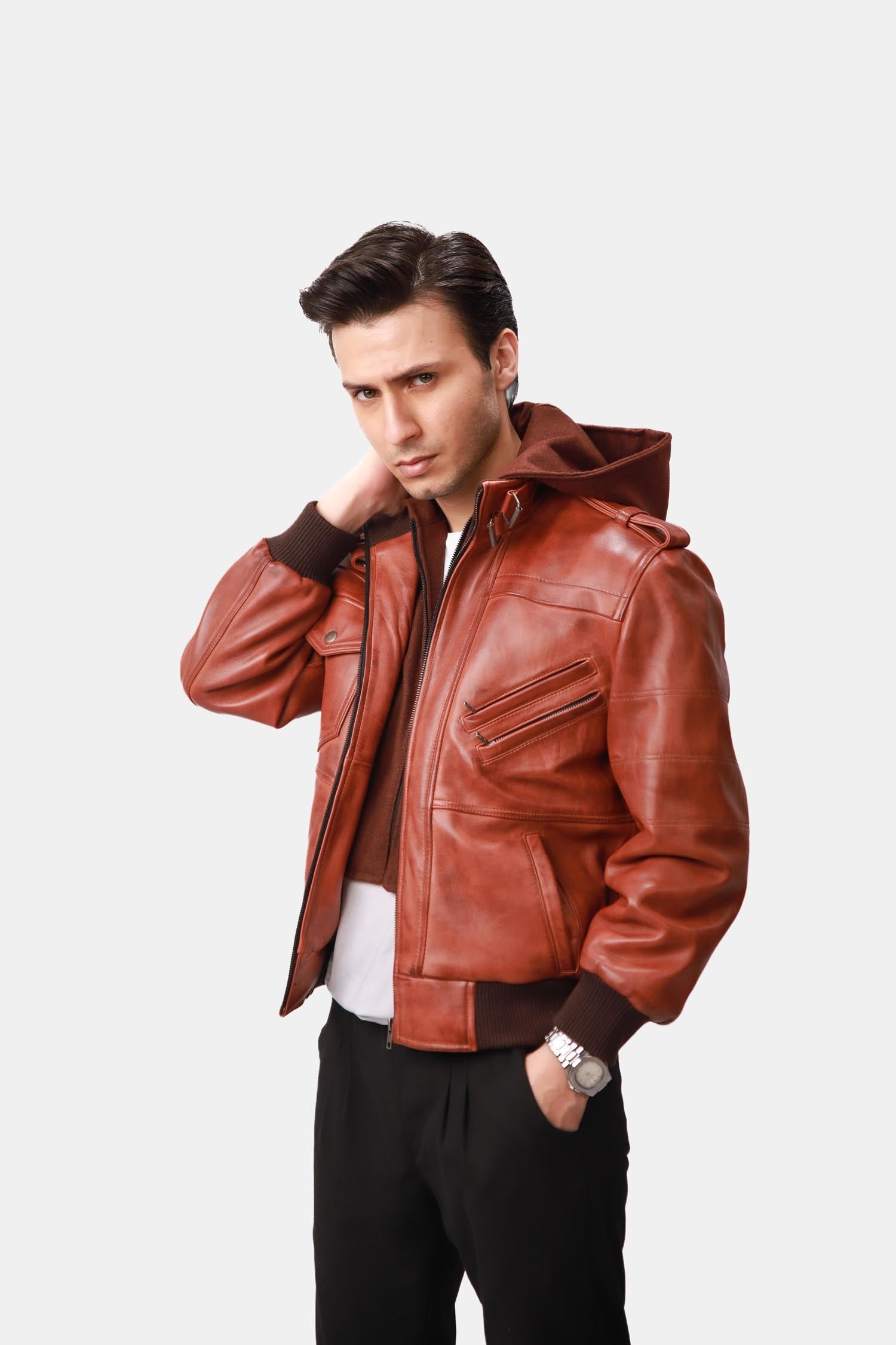 Brown Hooded Leather Bomber Jacket