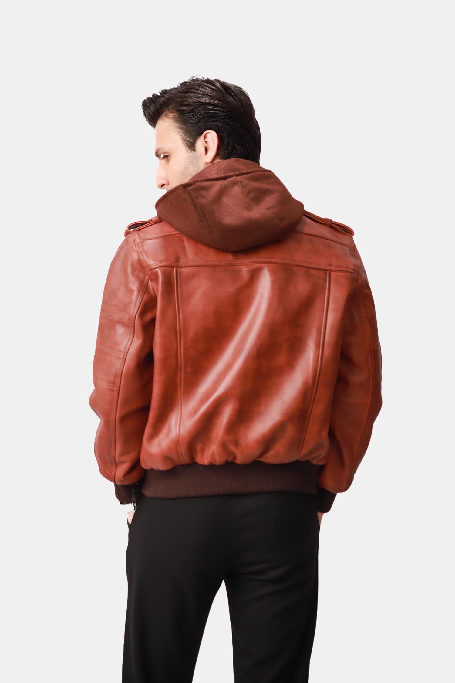 Spellcaster Brown Hooded Leather Bomber Jacket For Men