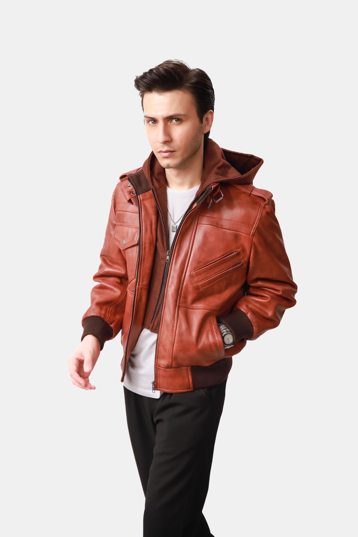 Spellcaster Brown Hooded Leather Bomber Jacket For Men