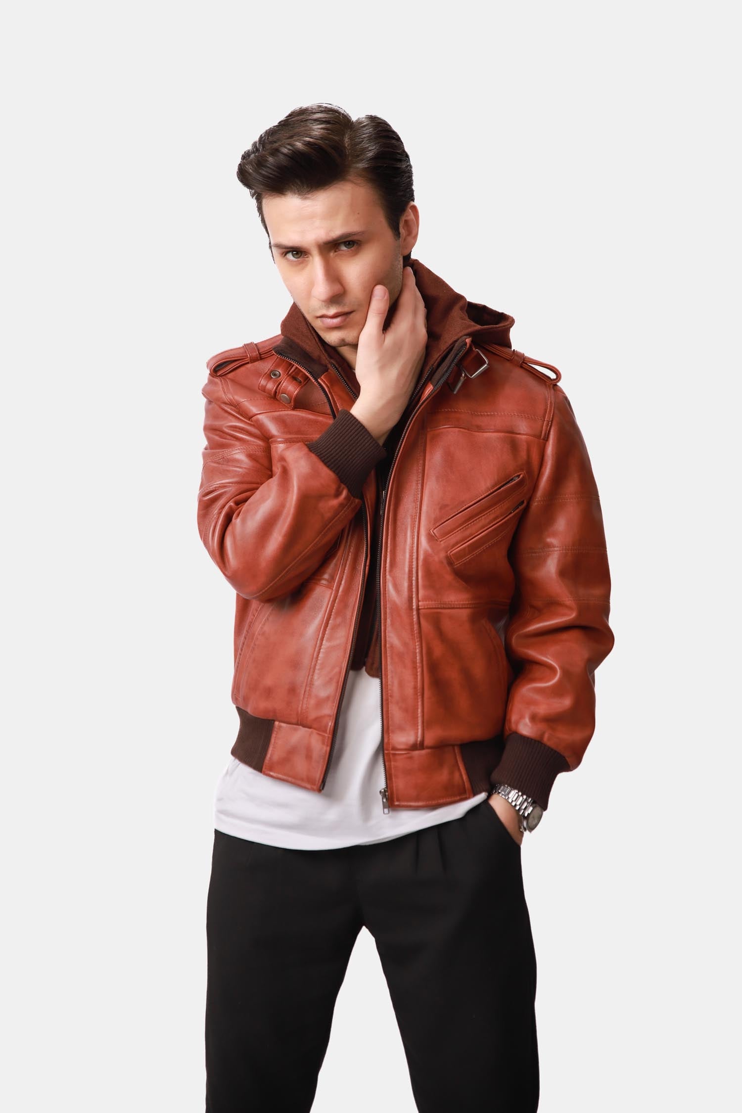 Spellcaster Brown Hooded Leather Bomber Jacket For Men