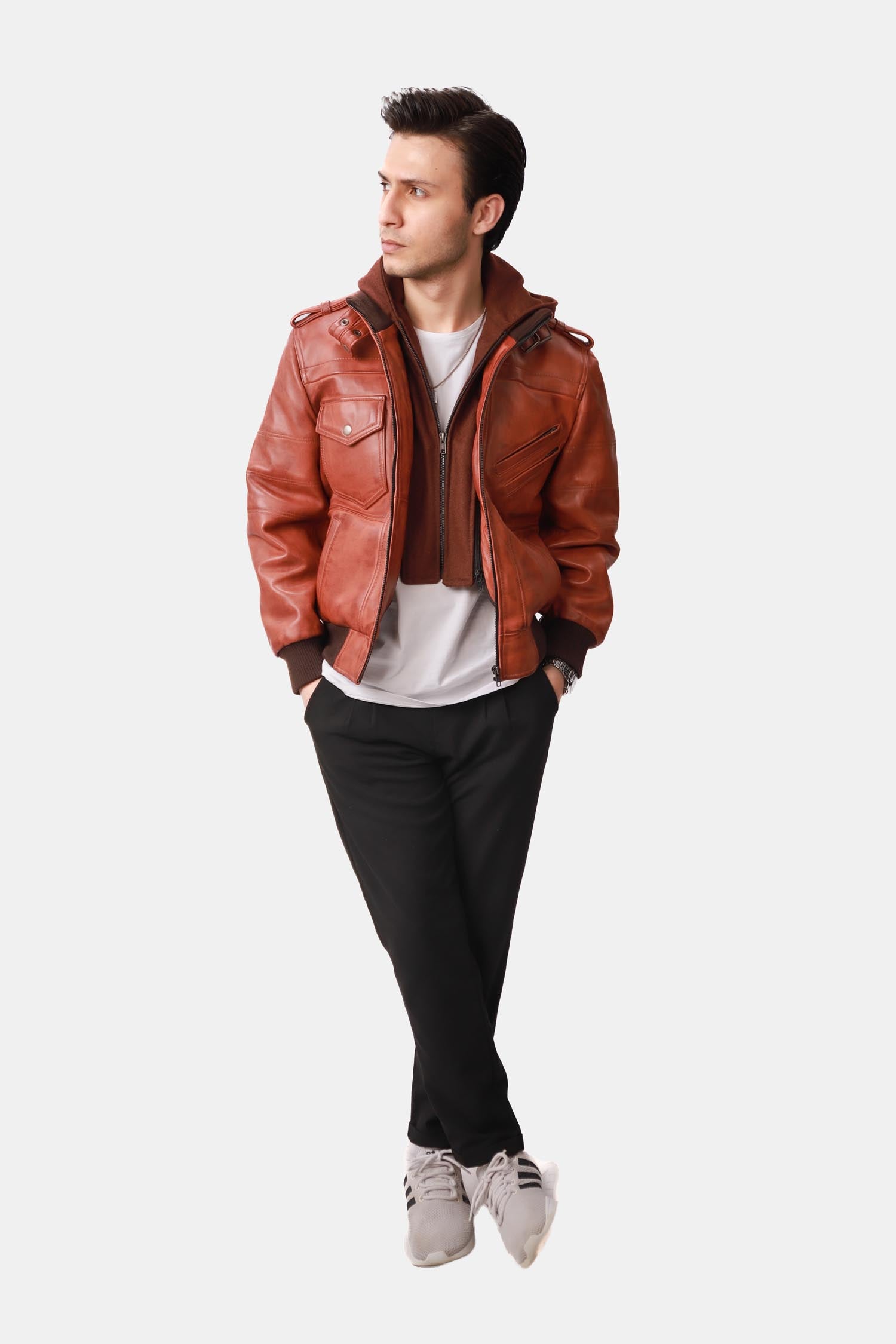 Brown Hooded Leather Bomber Jacket