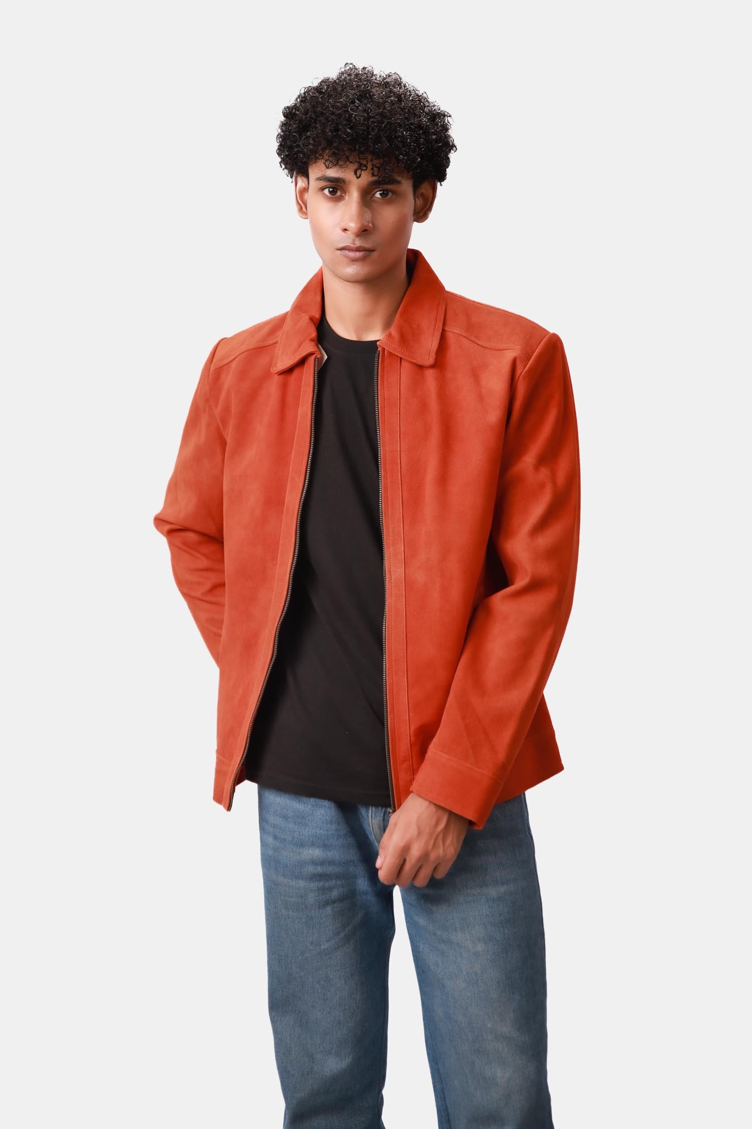 Splendid Orange Suede Trucker Leather Jacket For Men