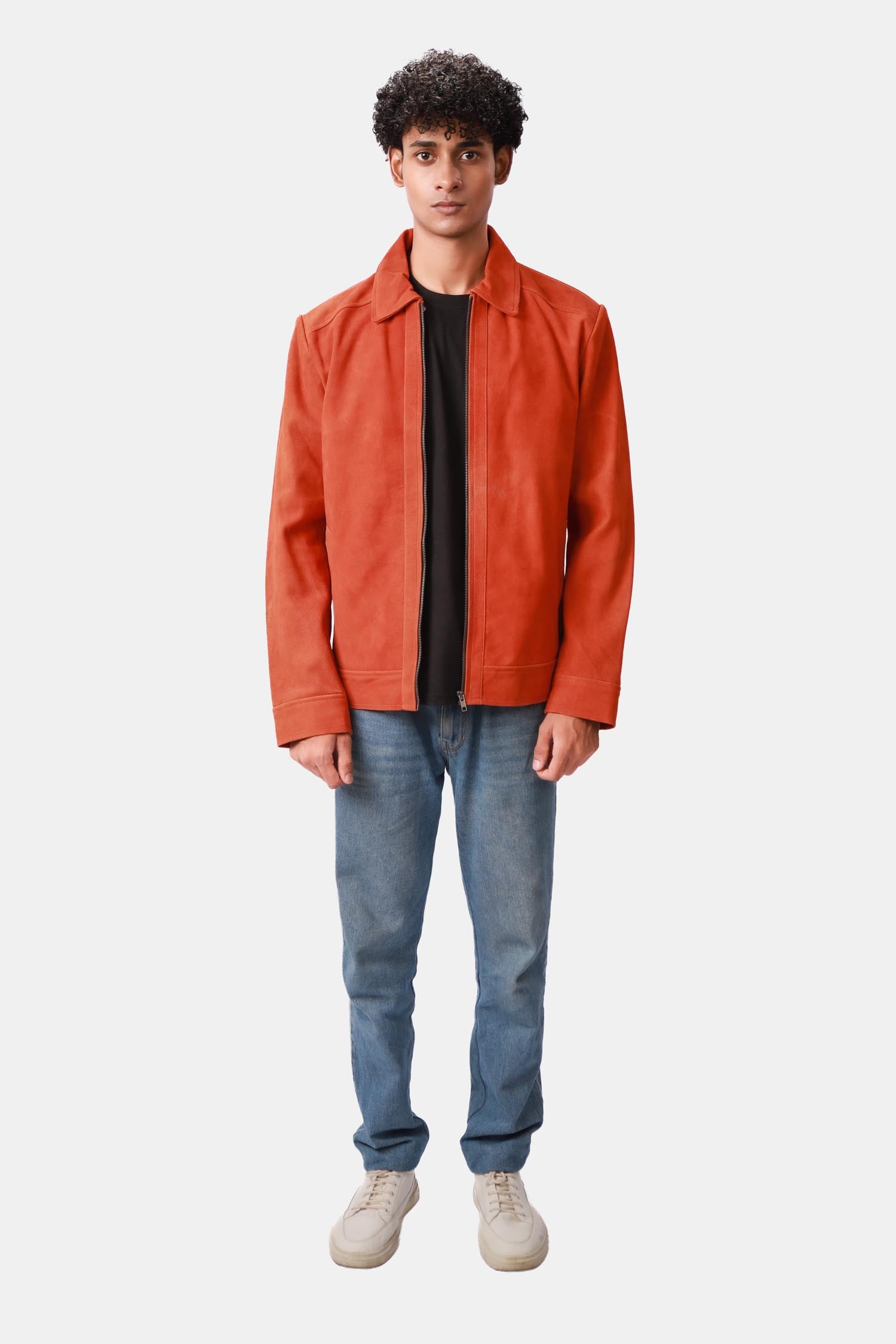 Splendid Orange Suede Trucker Leather Jacket For Men