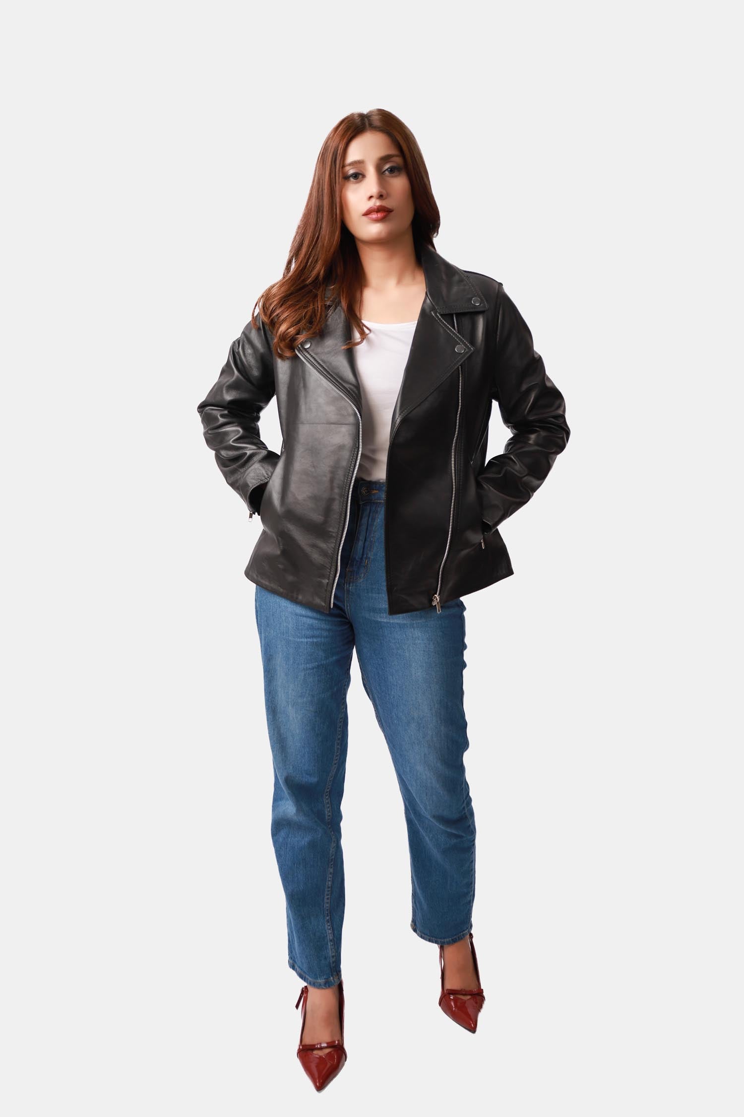 Starrer Black Leather Biker Jacket For Women