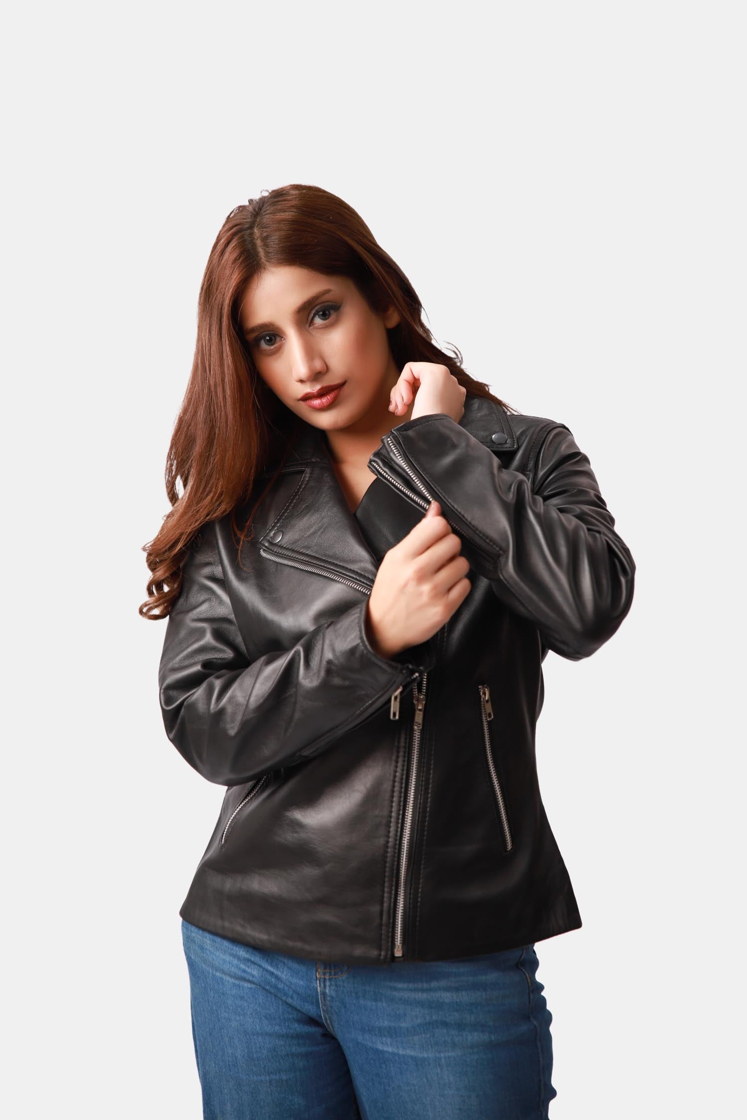 Starrer Black Leather Biker Jacket For Women