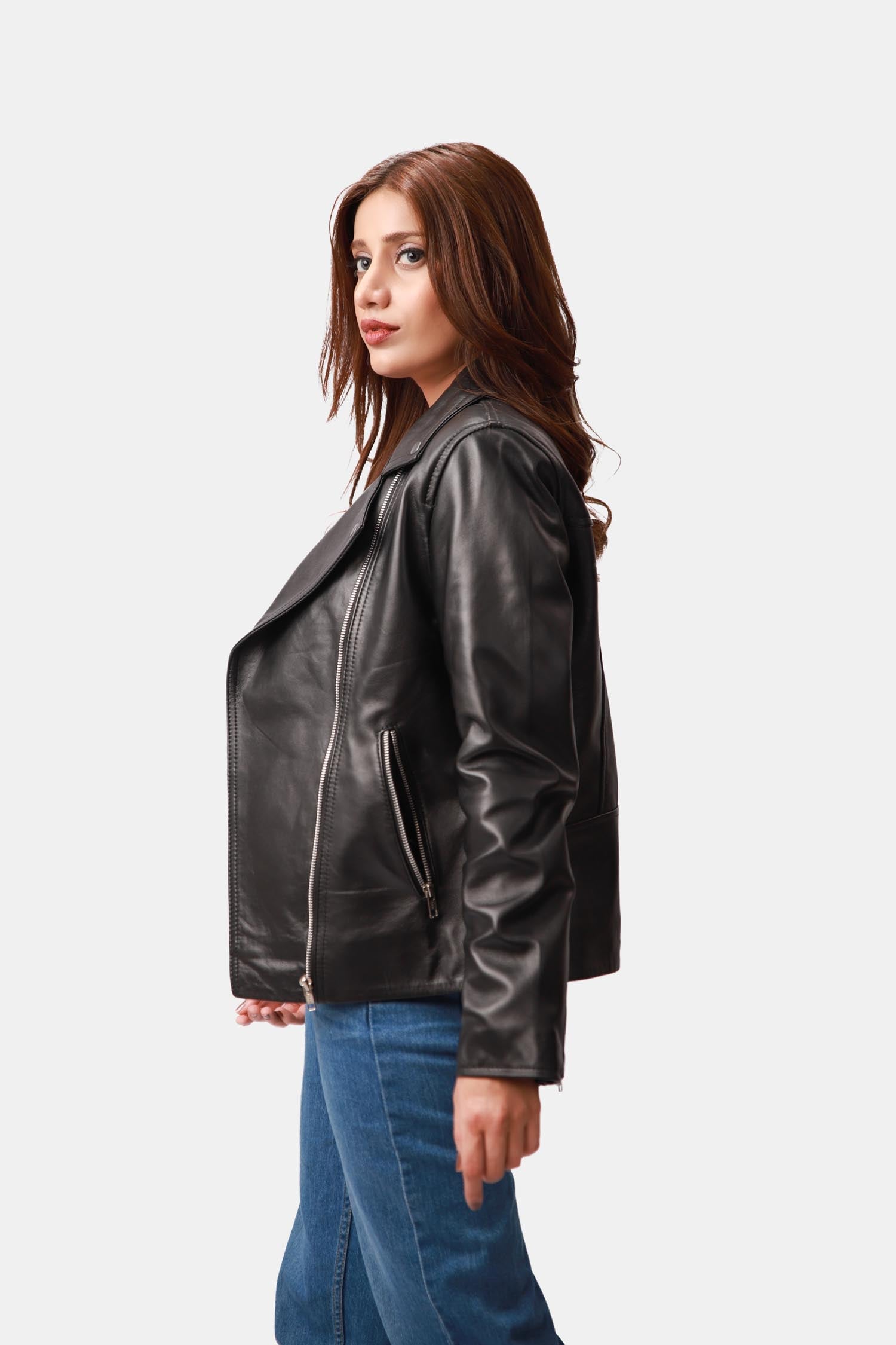 Starrer Black Leather Biker Jacket For Women