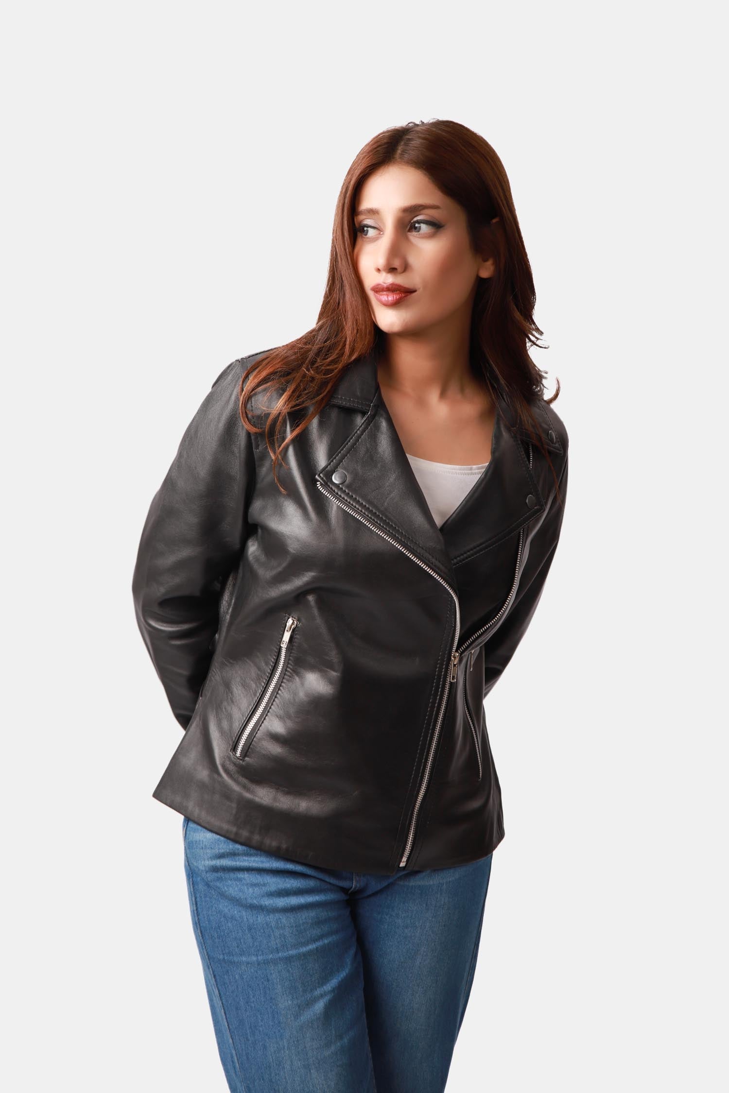 Starrer Black Leather Biker Jacket For Women