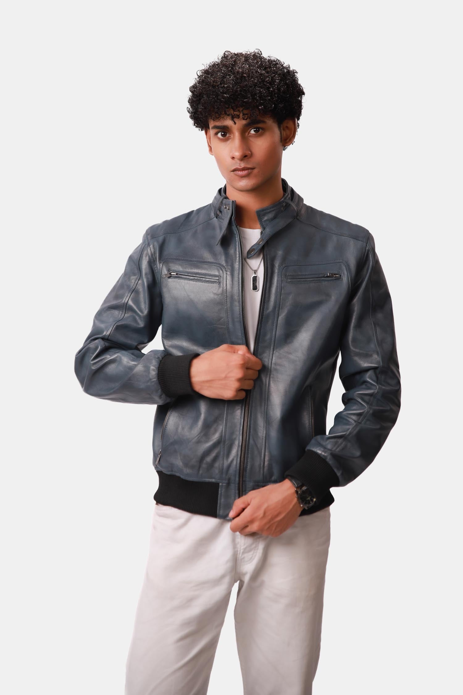 Static Blue Leather Bomber Style Jacket For Men
