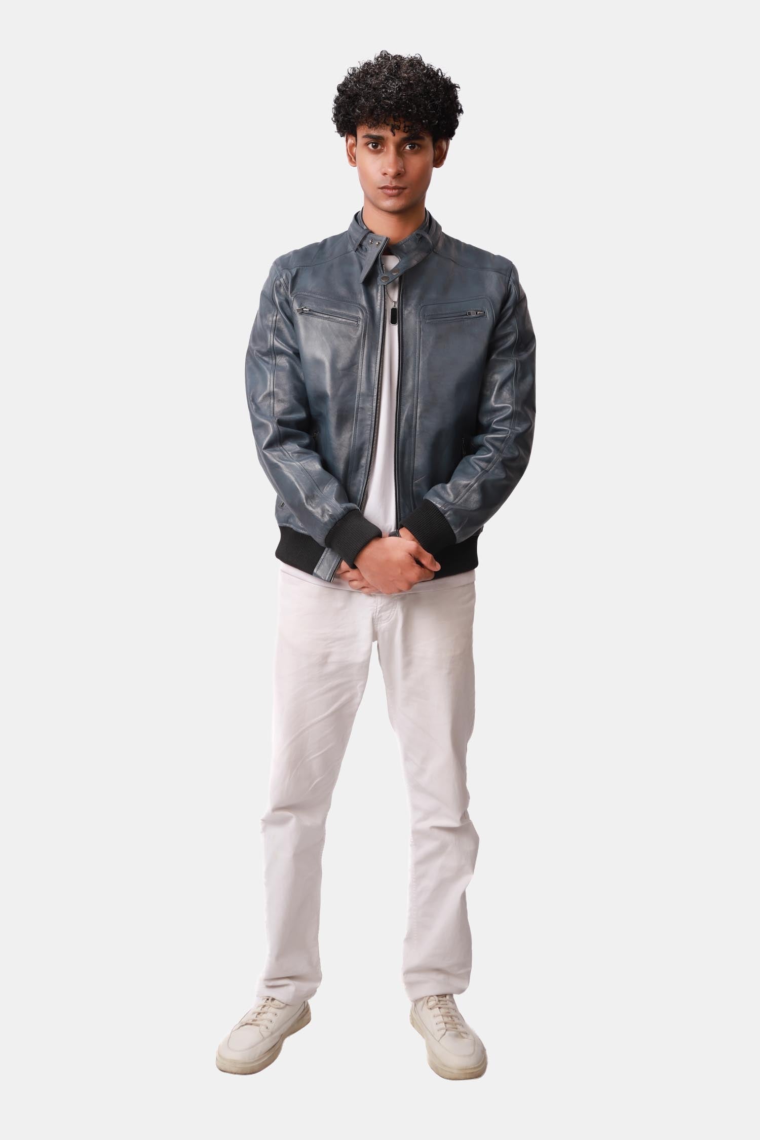 Static Blue Leather Bomber Style Jacket For Men