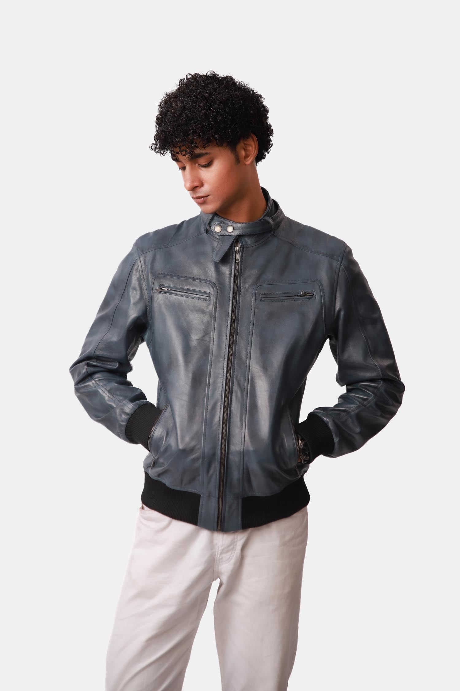 Static Blue Leather Bomber Style Jacket For Men