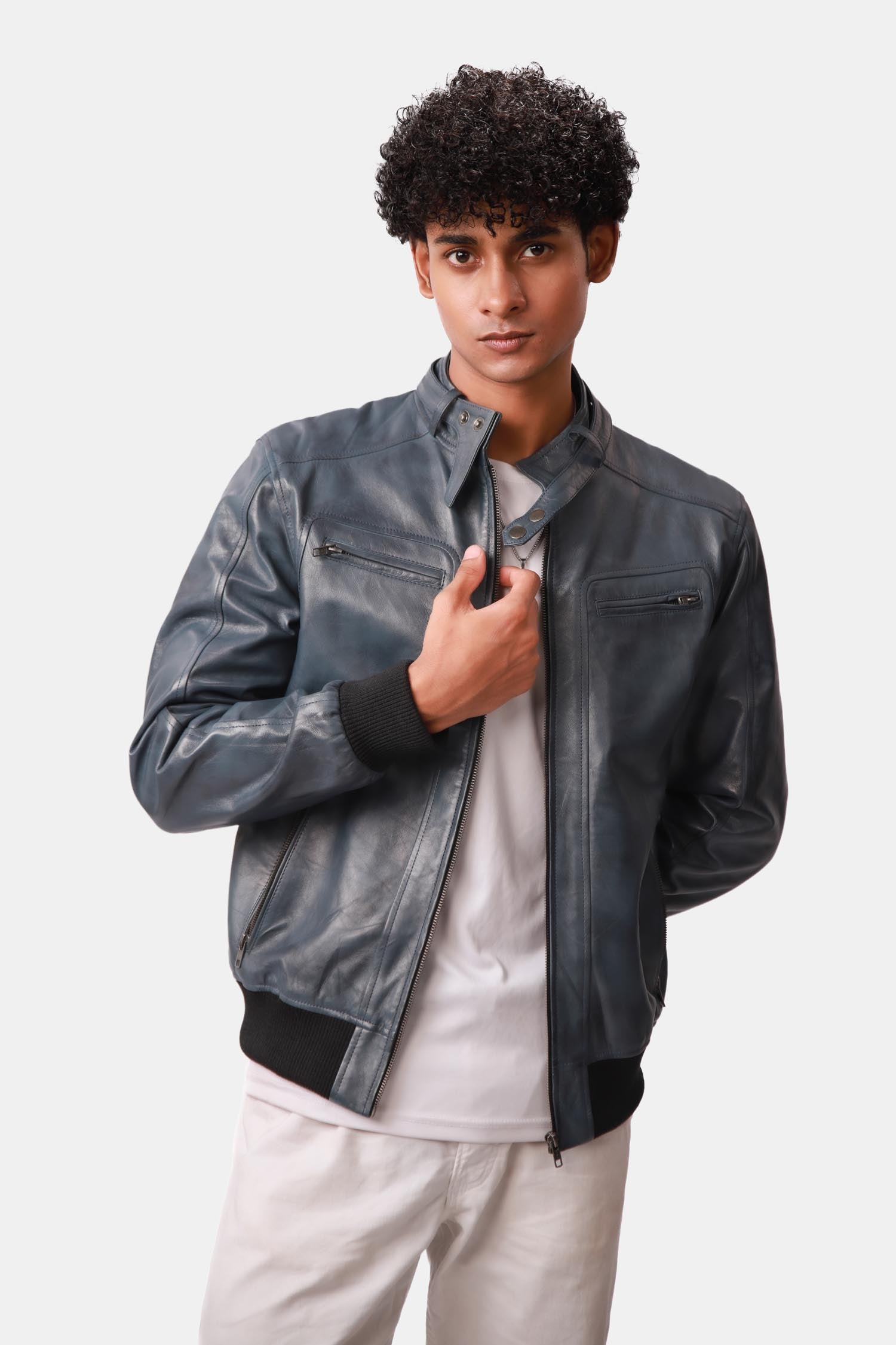 Static Blue Leather Bomber Style Jacket For Men