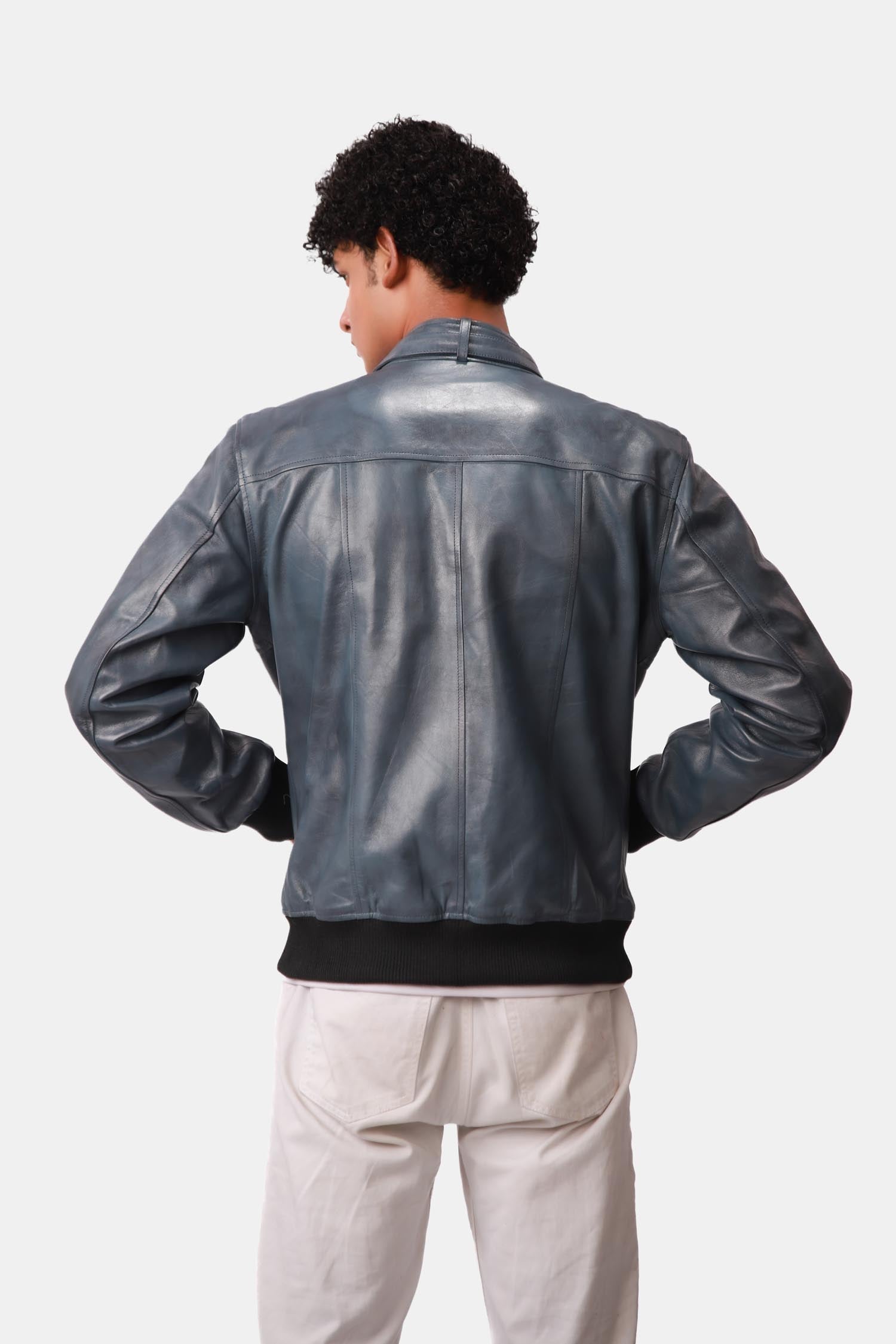Static Blue Leather Bomber Style Jacket For Men