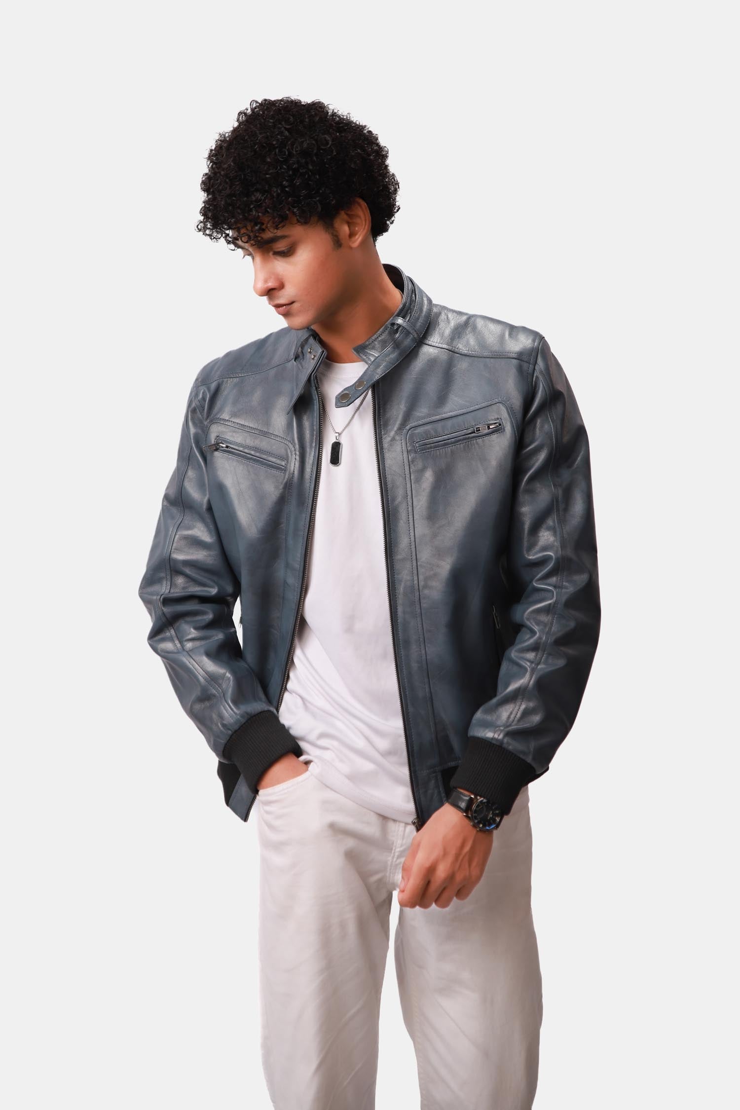 Static Blue Leather Bomber Style Jacket For Men