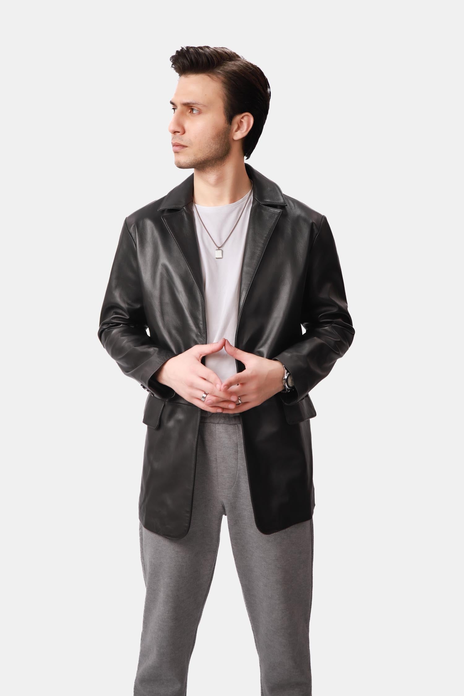 Black Matte Finish Leather Blazer