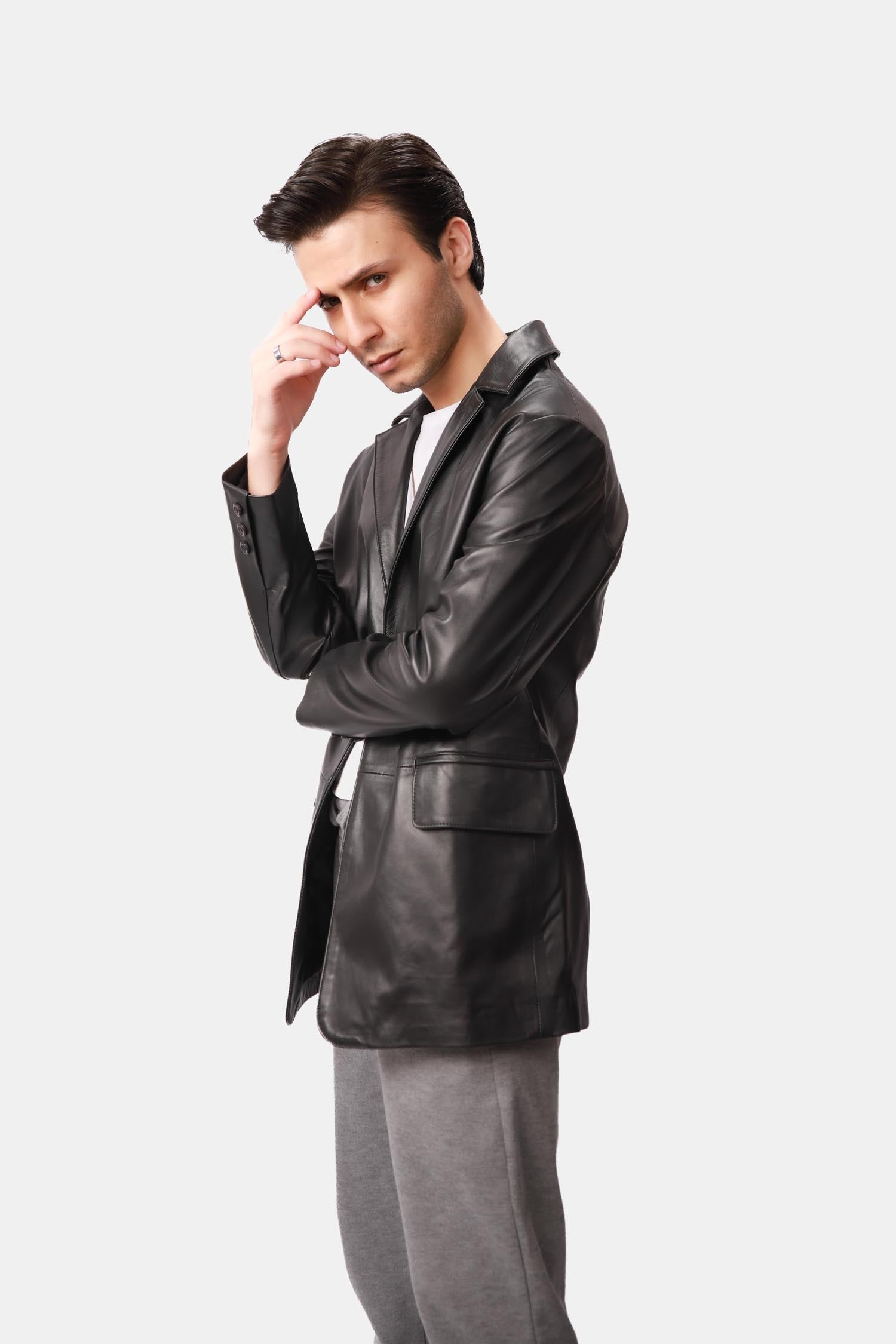Black Matte Finish Leather Blazer