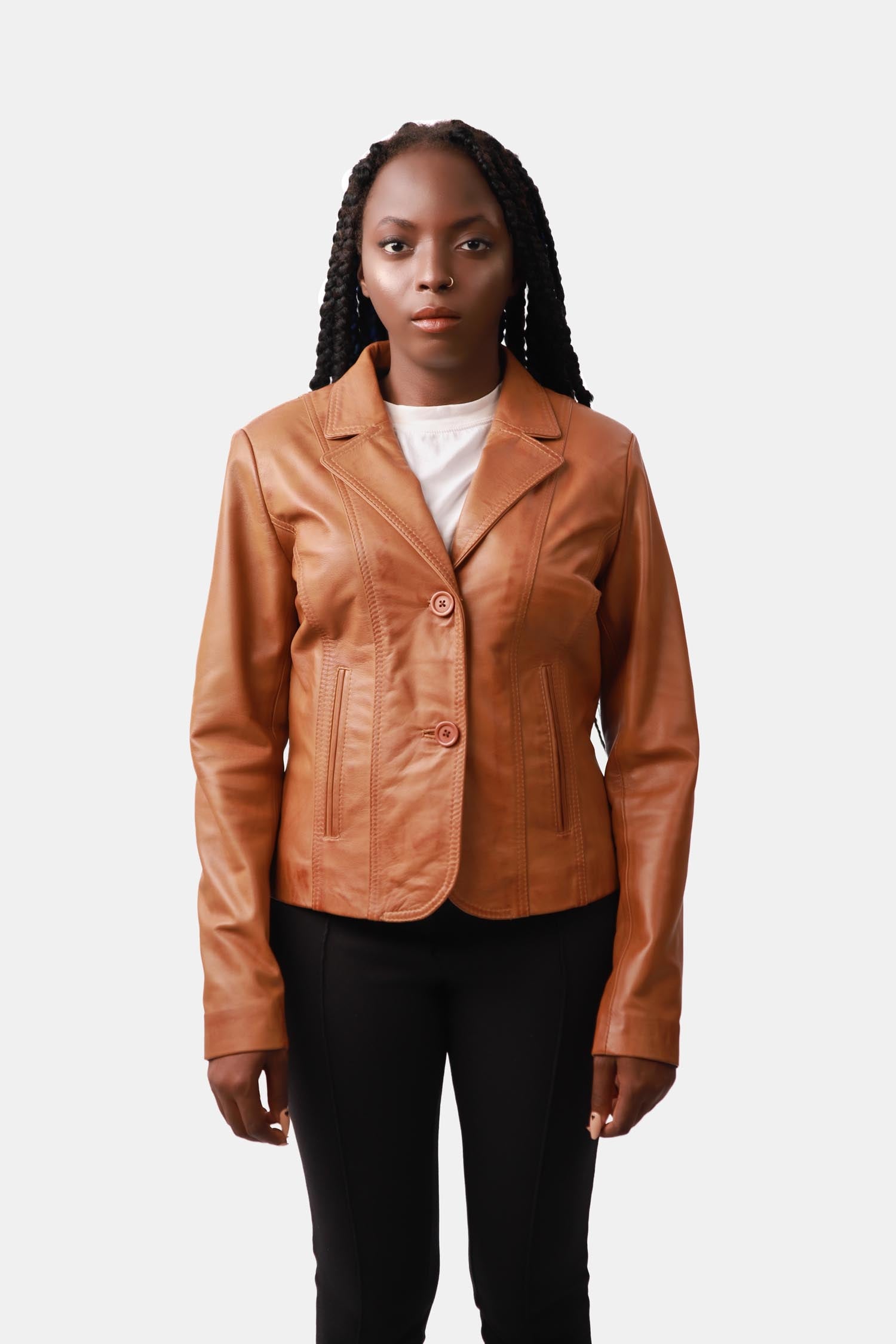 Steez Tan brown Classic Leather Blazer For Women
