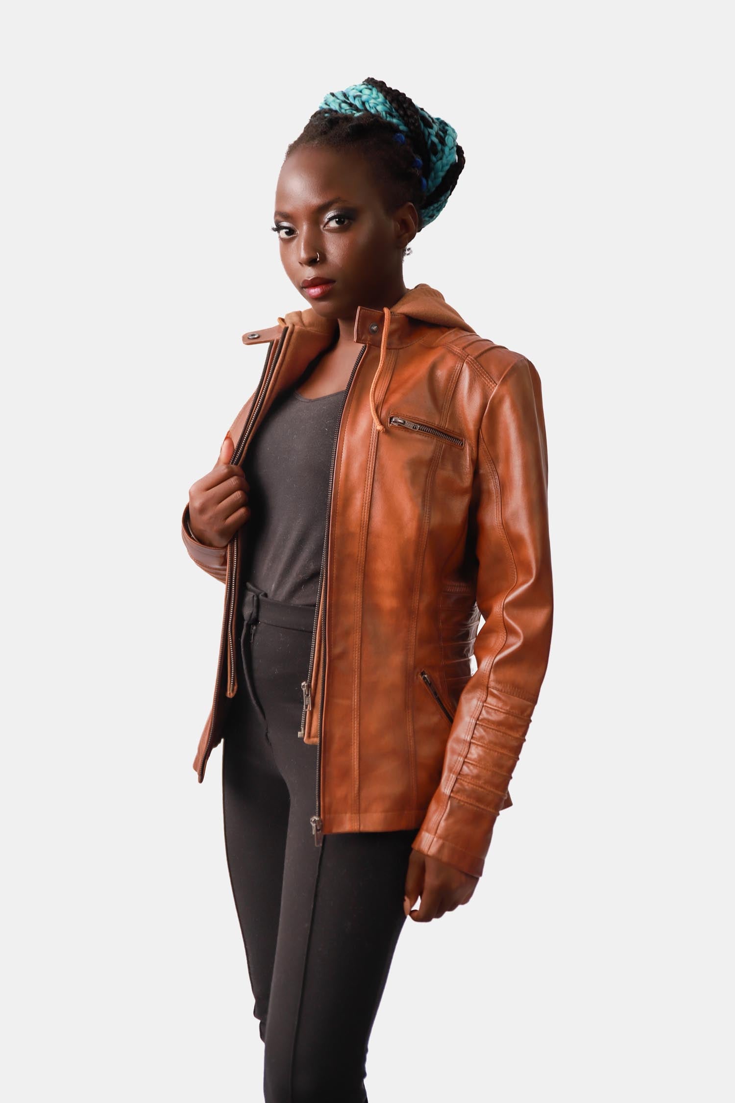 Brown Leather Hooded Jacket