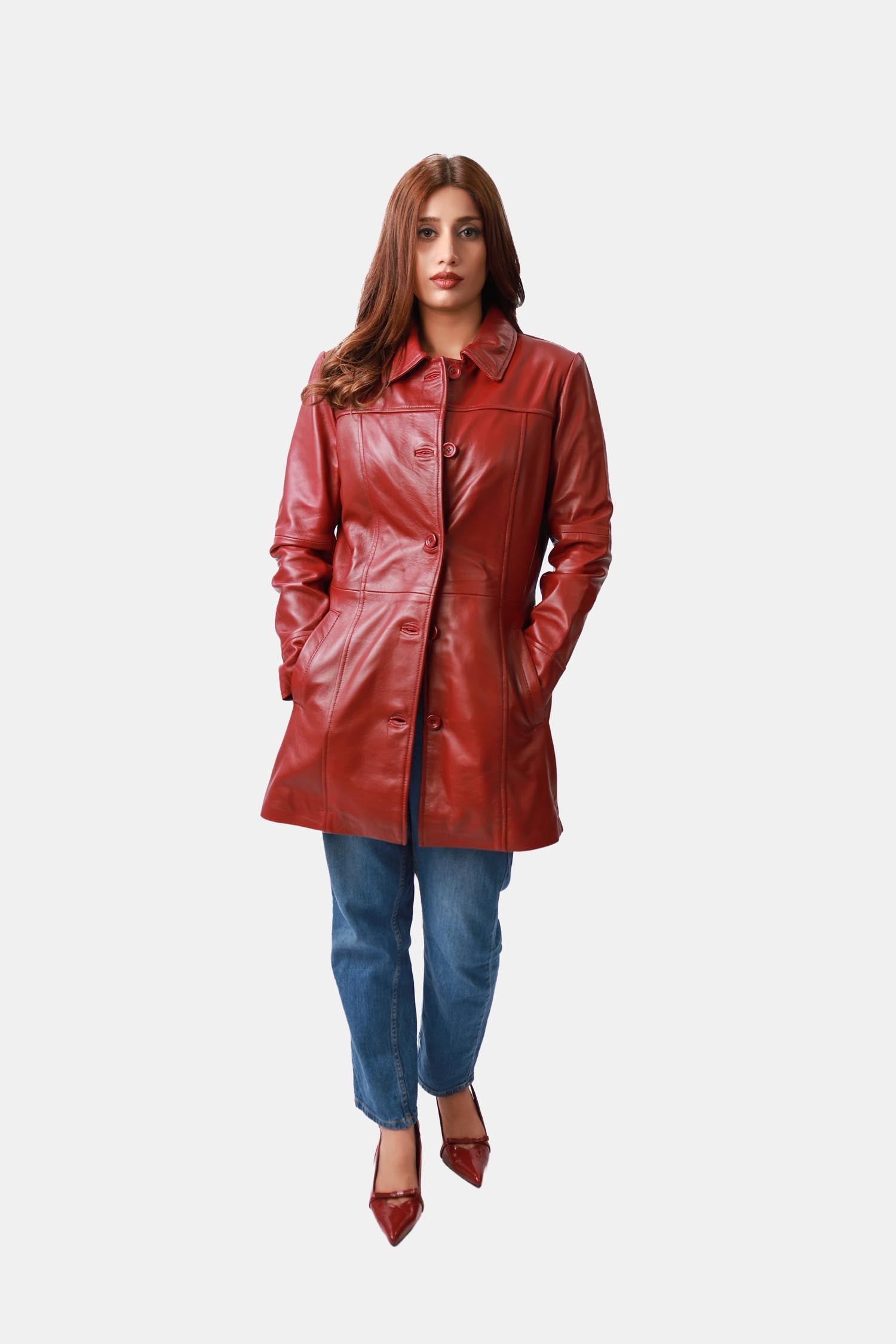 Swifty Brick Red Leather Car Coat For Women