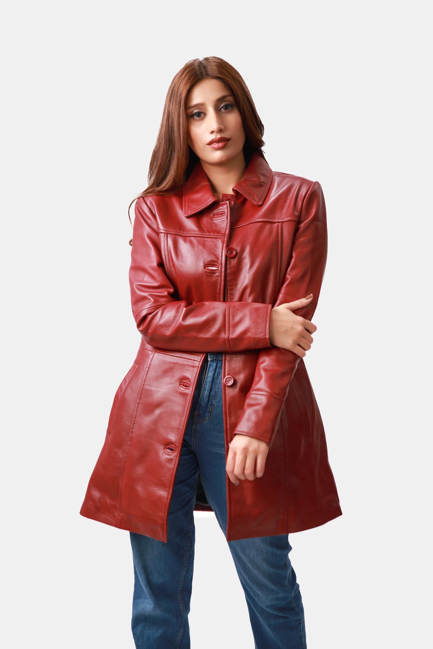 Swifty Brick Red Leather Car Coat For Women