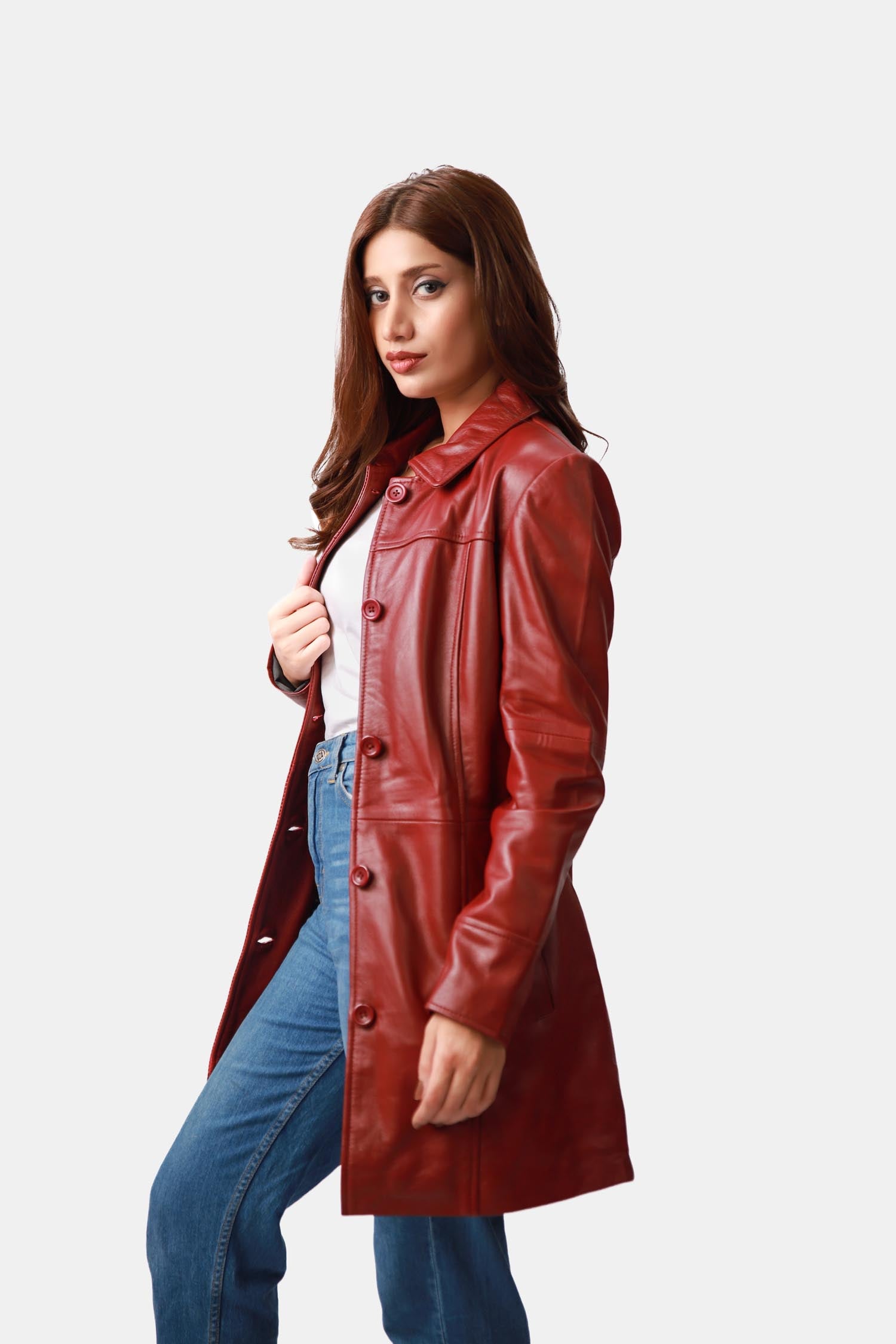 Swifty Brick Red Leather Car Coat For Women