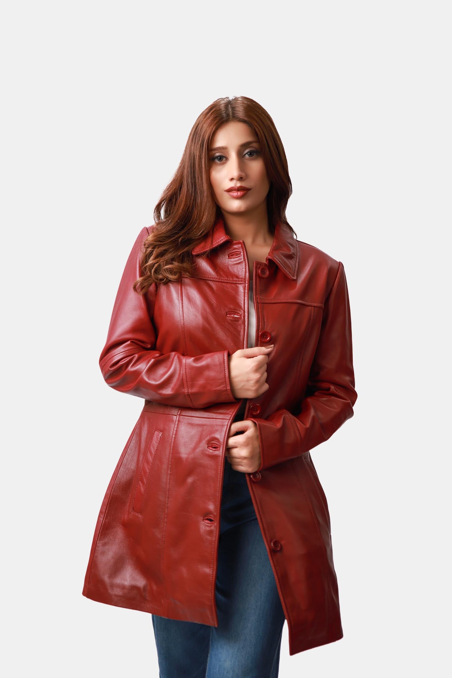 Swifty Brick Red Leather Car Coat For Women