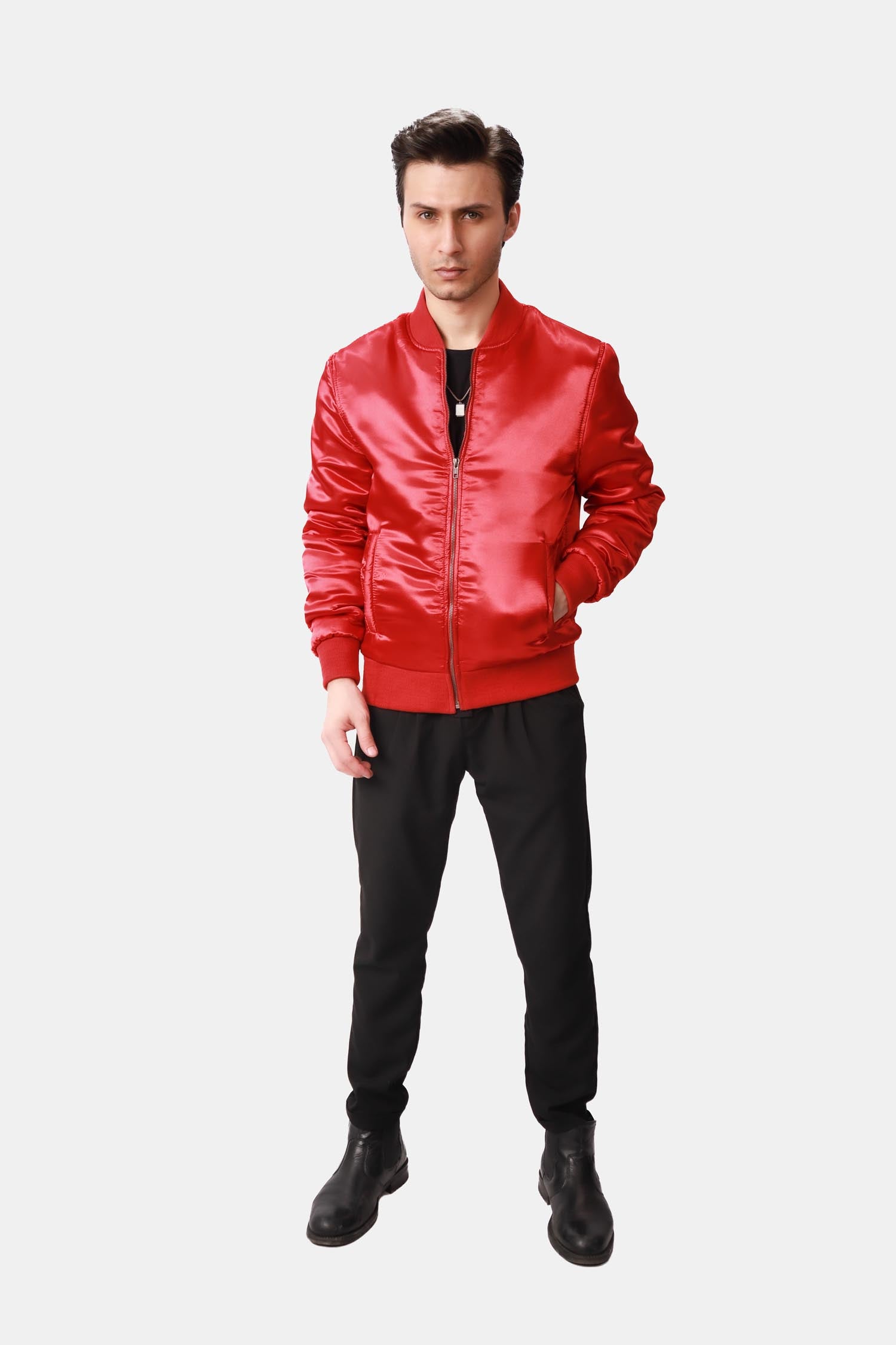 Taffy Red Satin Bomber Jacket For Men