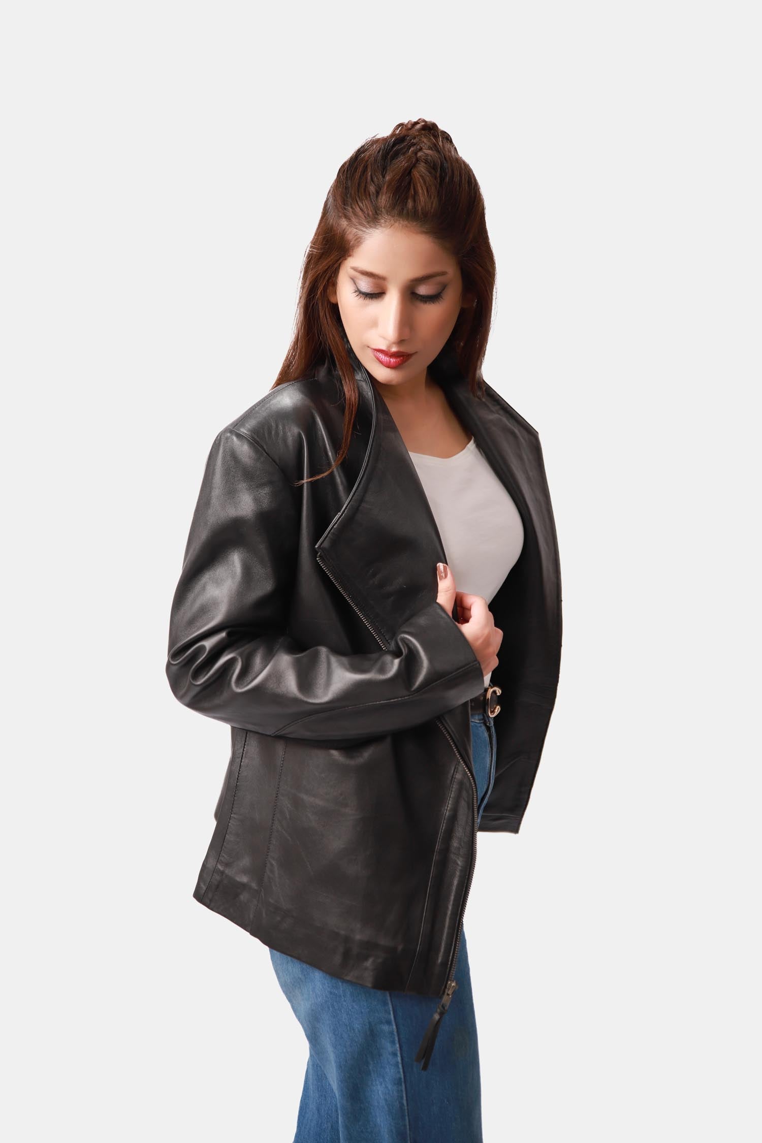 Winx Black Wool Leather Biker Jacket For Women