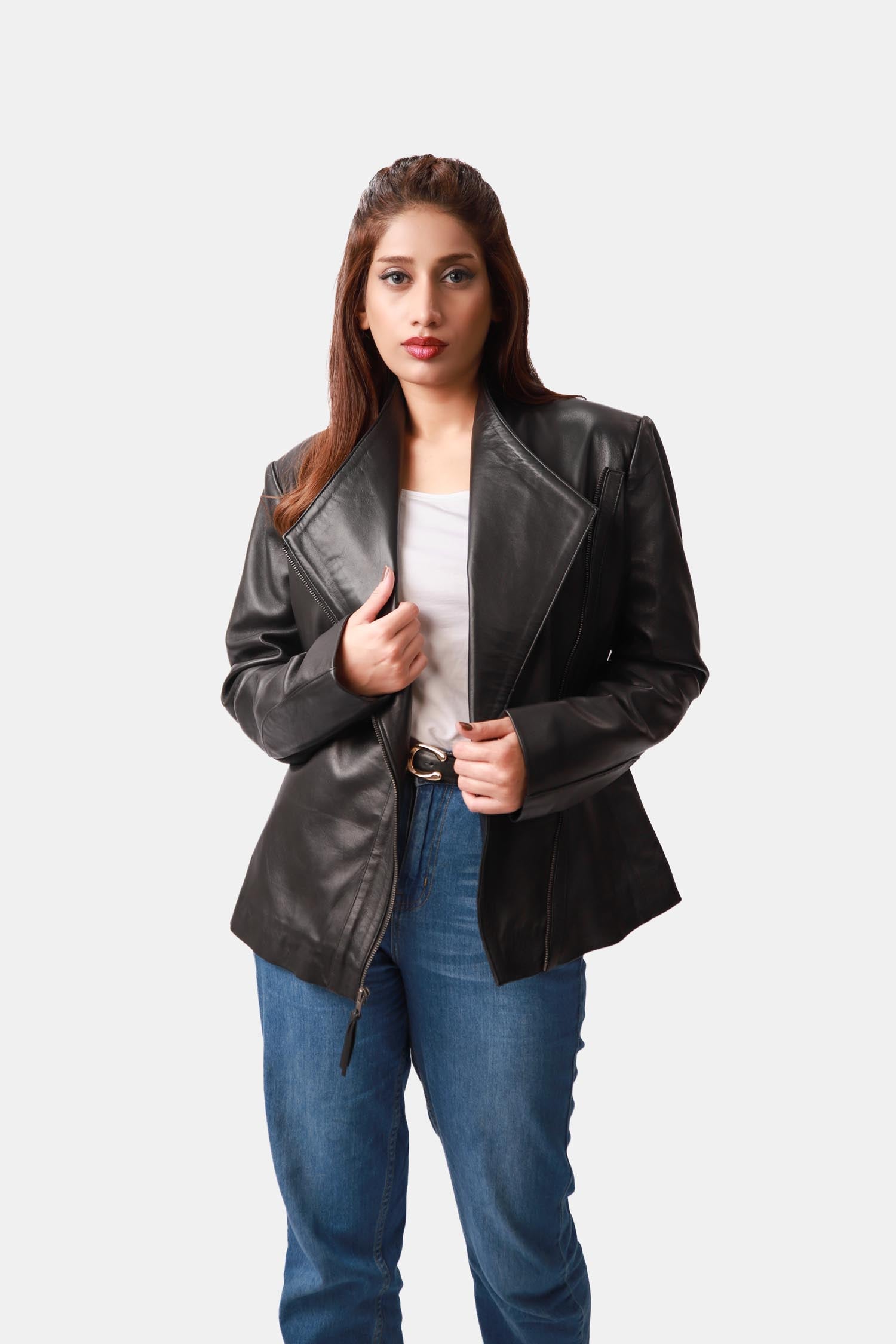 Winx Black Wool Leather Biker Jacket For Women