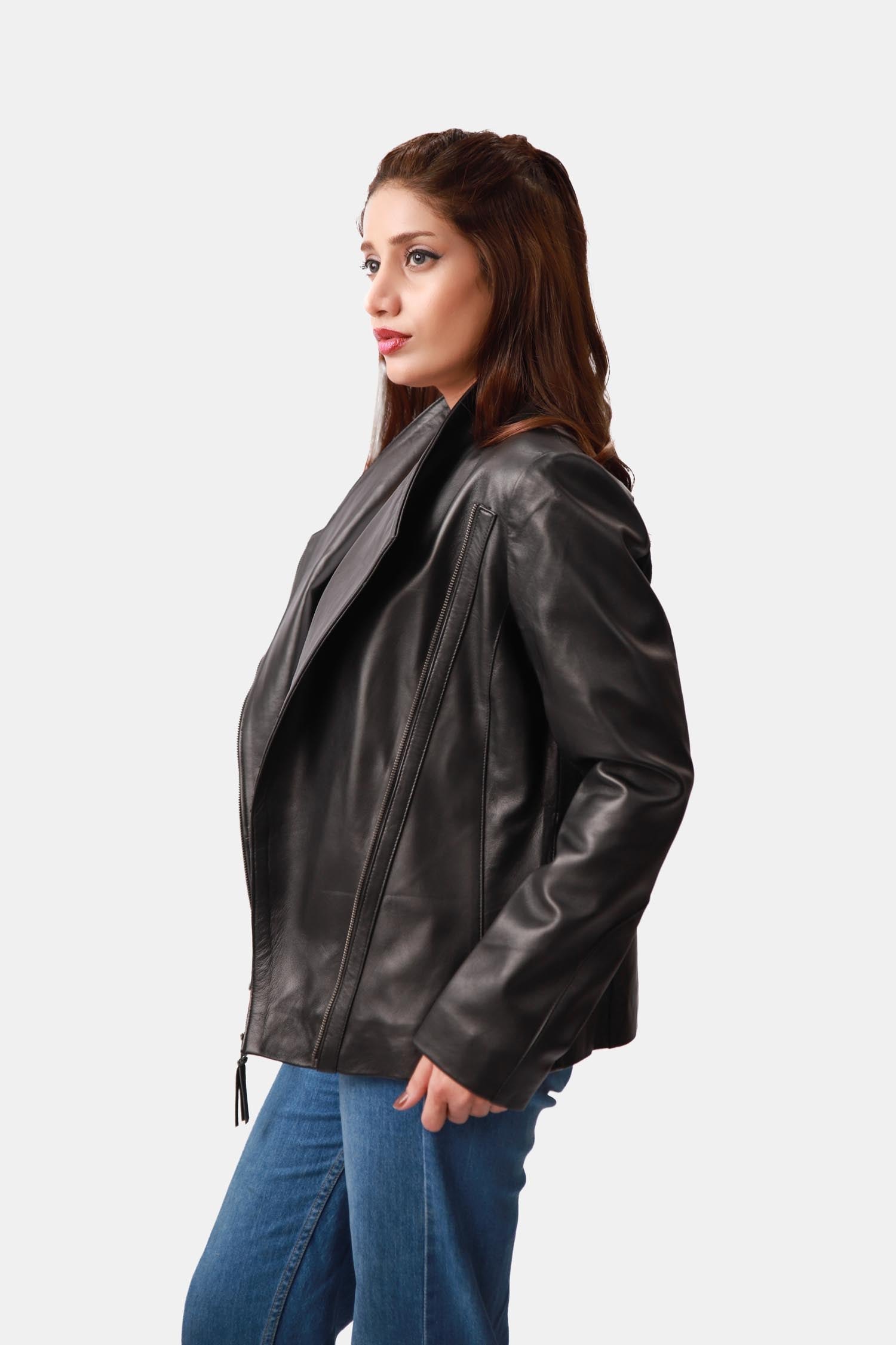 Winx Black Wool Leather Biker Jacket For Women