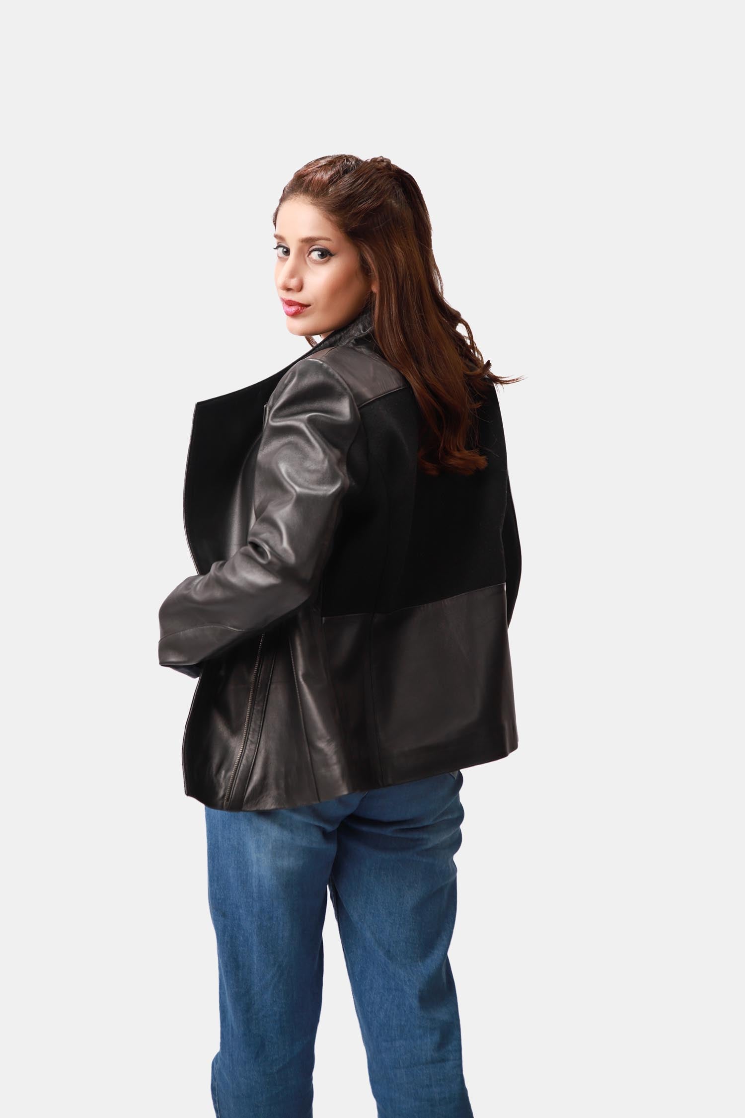Winx Black Wool Leather Biker Jacket For Women