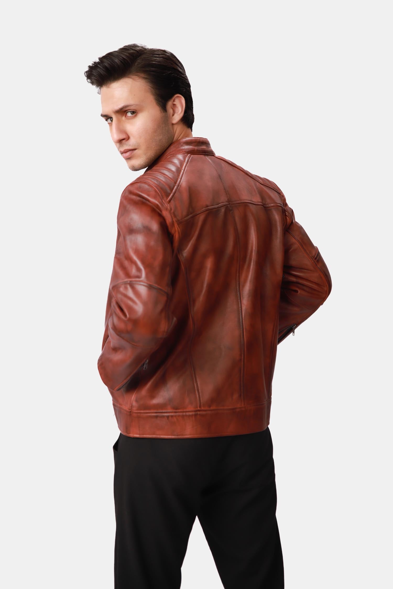 Brown Leather Cafe Racer Jacket