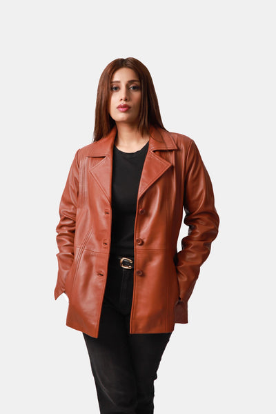 Cognac Brown Leather Pea Coat