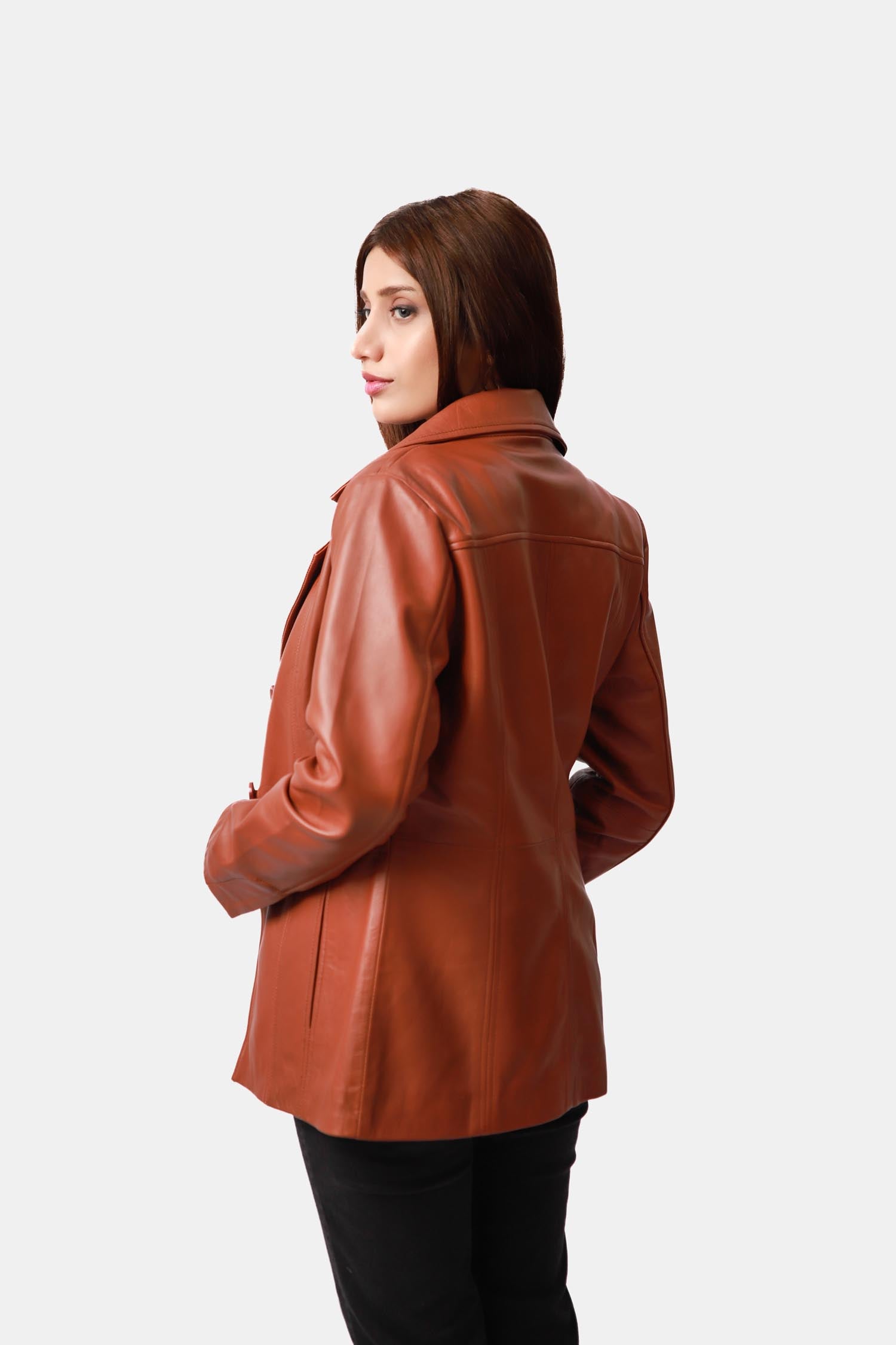 Allure Cognac Brown Single-breasted Leather Pea Coat For Women