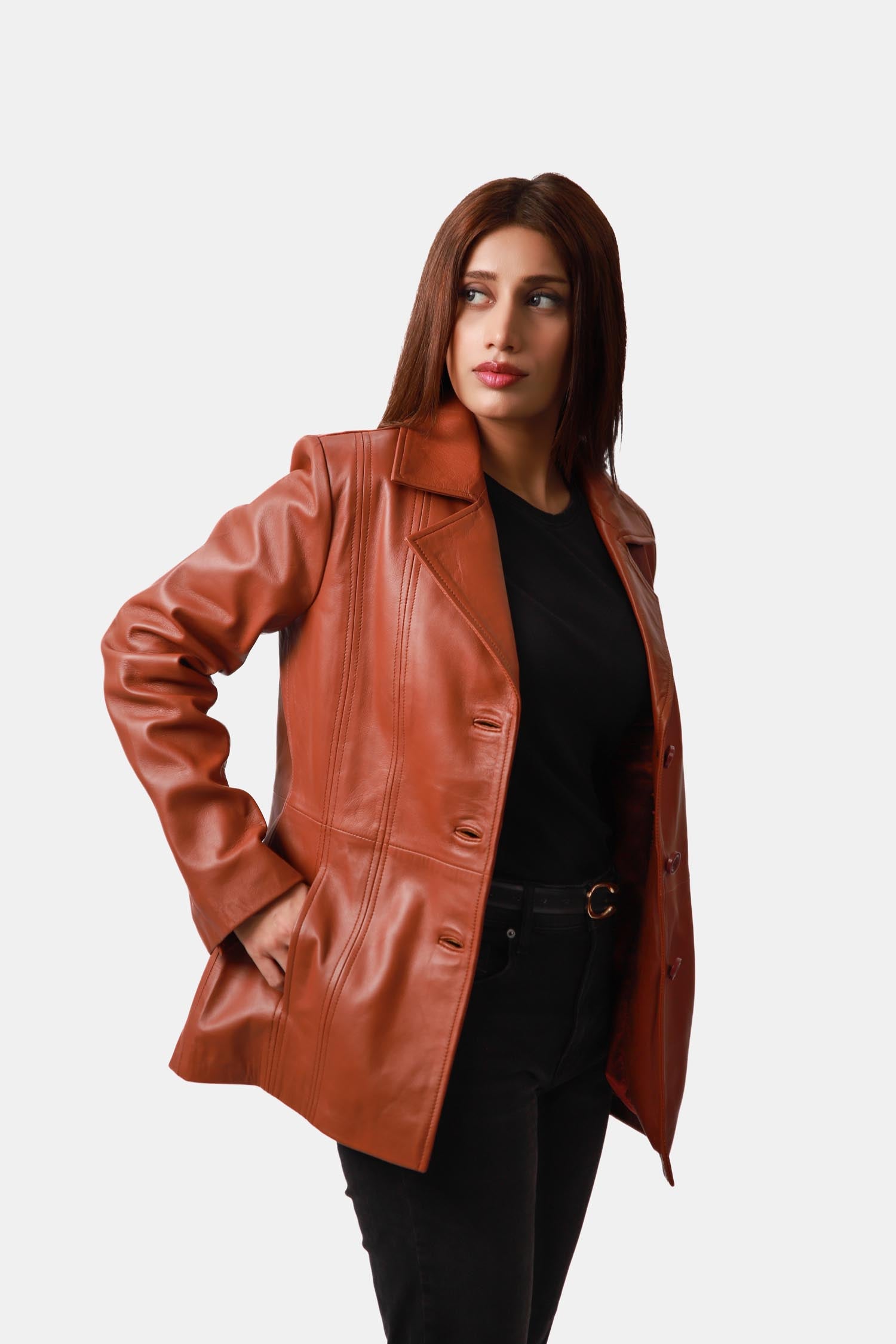 Allure Cognac Brown Single-breasted Leather Pea Coat For Women