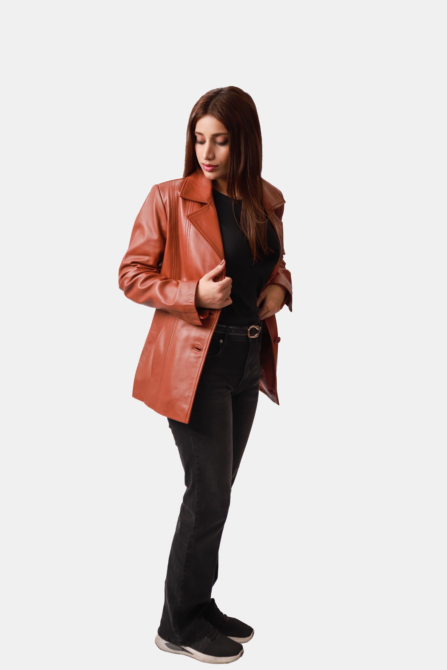 Allure Cognac Brown Single-breasted Leather Pea Coat For Women