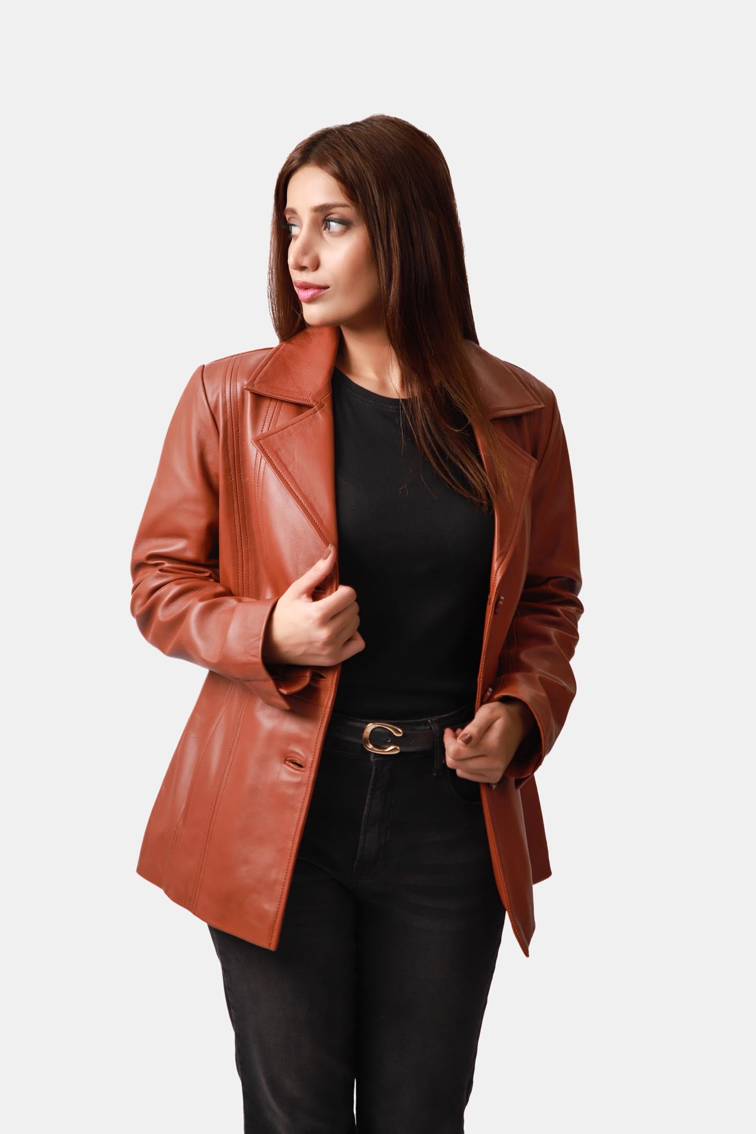 Allure Cognac Brown Single-breasted Leather Pea Coat For Women