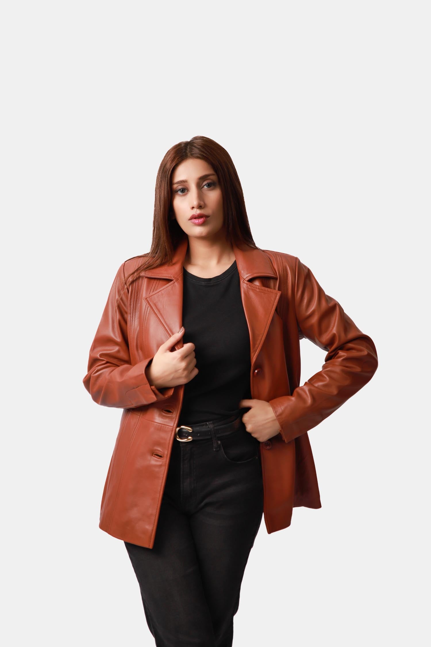 Womens Cognac Brown Single-breasted Leather Pea Coat