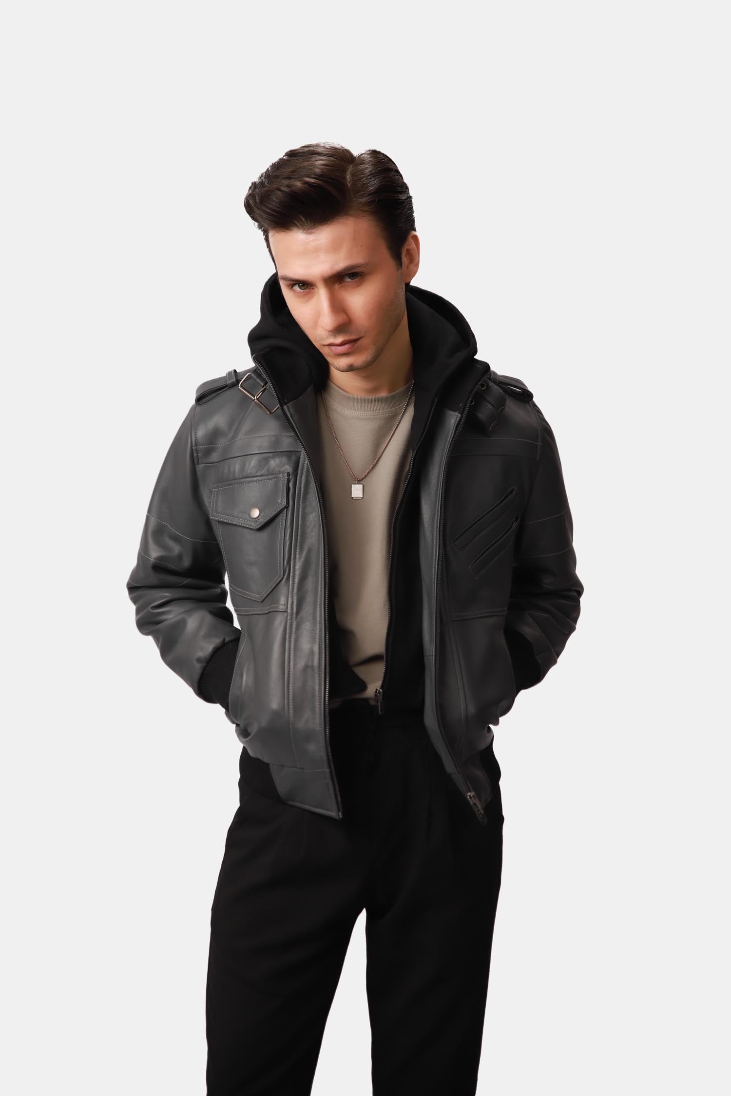 Alpha Black Bomber Leather Jacket with Removable Hood For Men