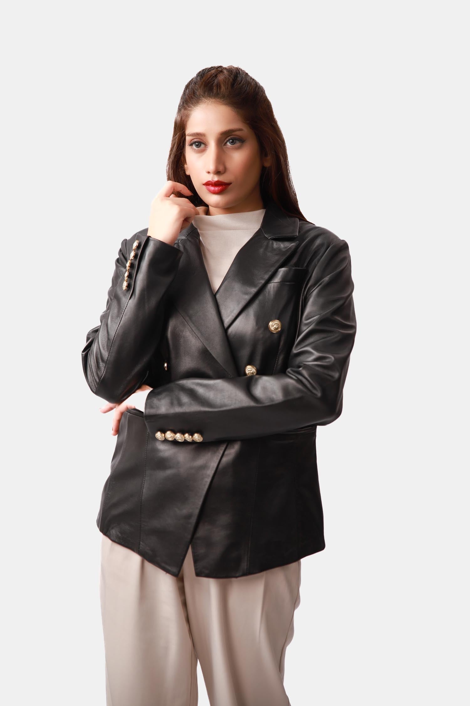 テーラードジャケット sunsea Thickened Double-Breasted Jacket Womens Black Double-Breasted Leather Blazer Coat