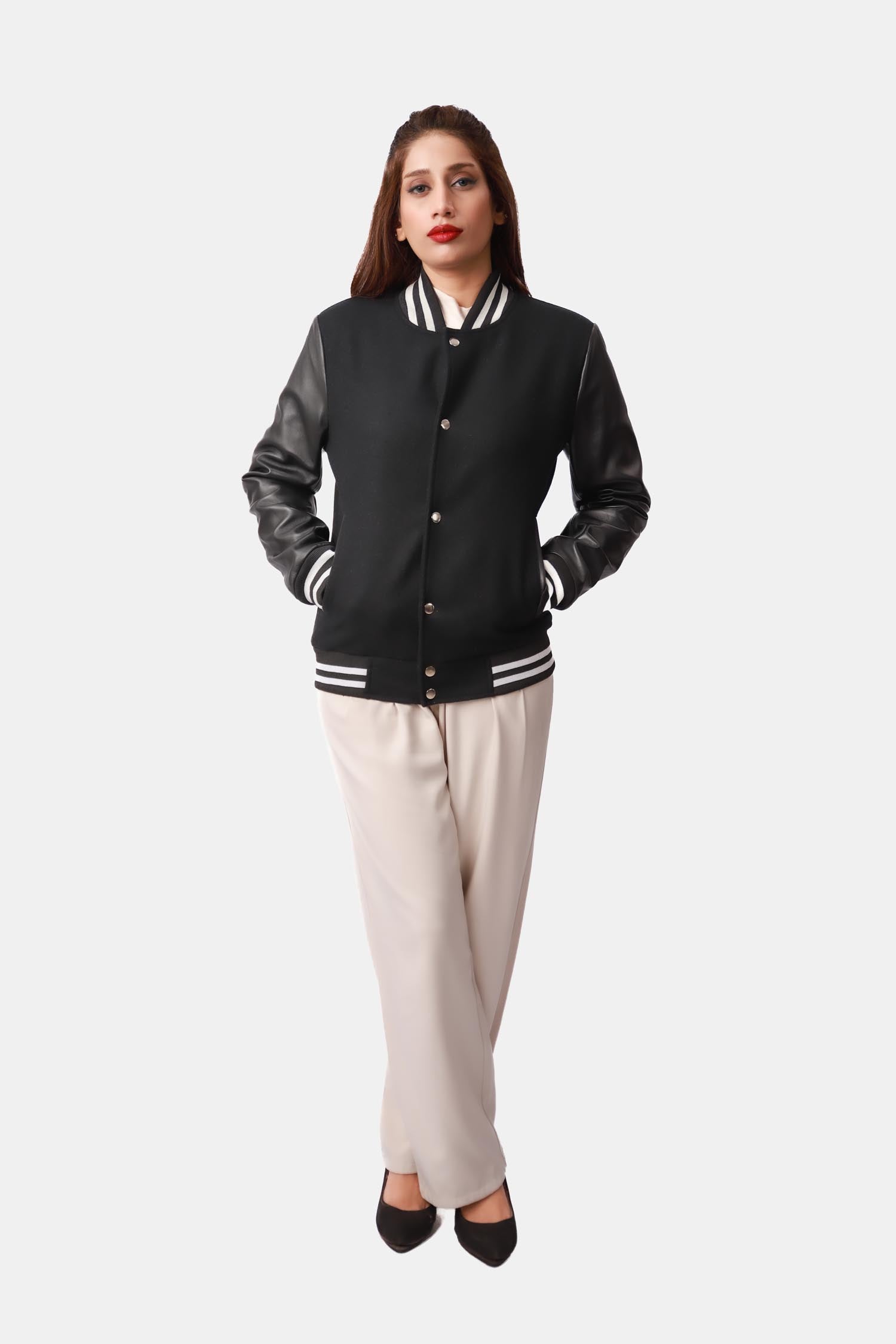 Aria Black Wool Leather Varsity Jacket For Women