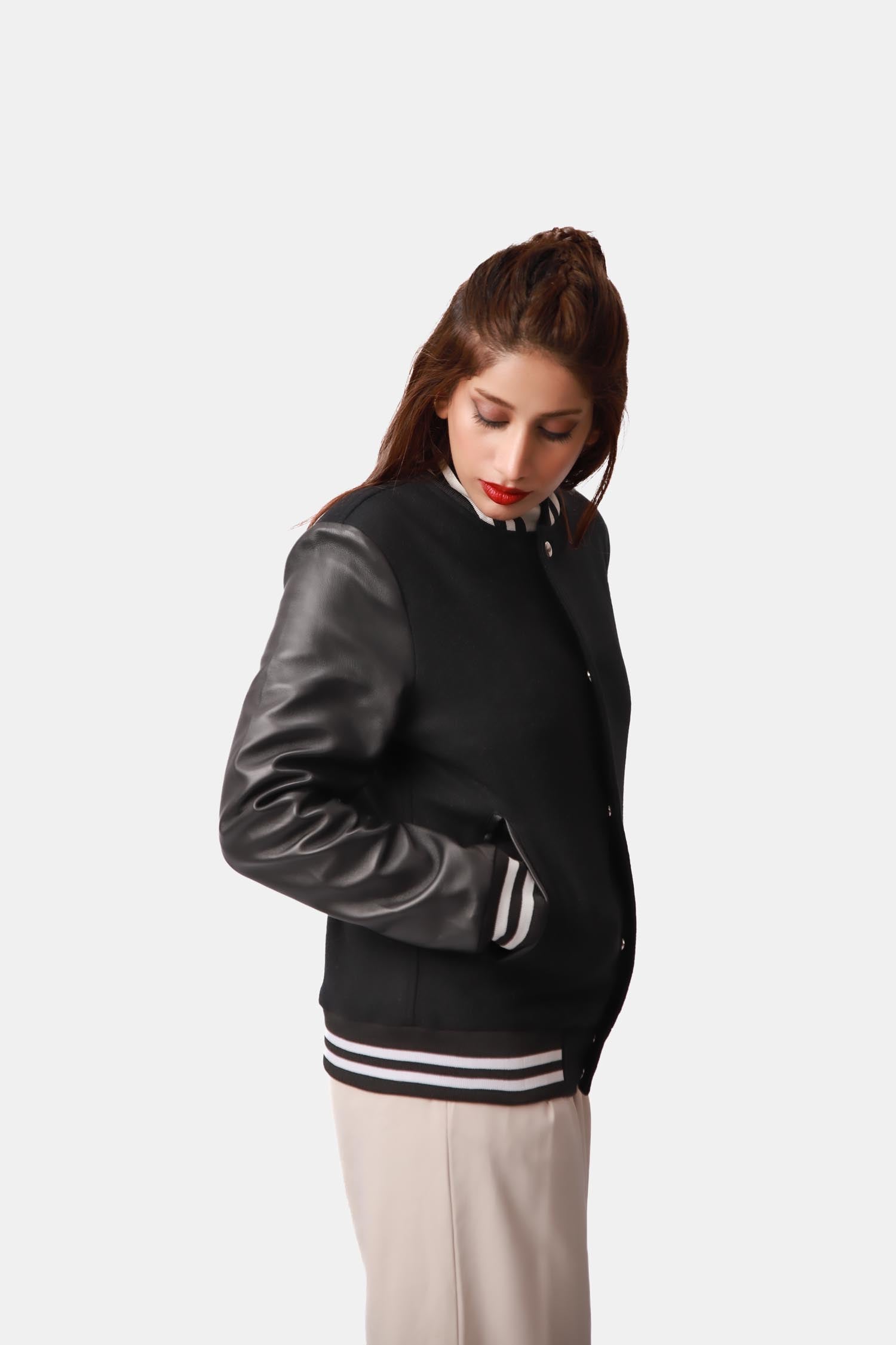 Aria Black Wool Leather Varsity Jacket For Women