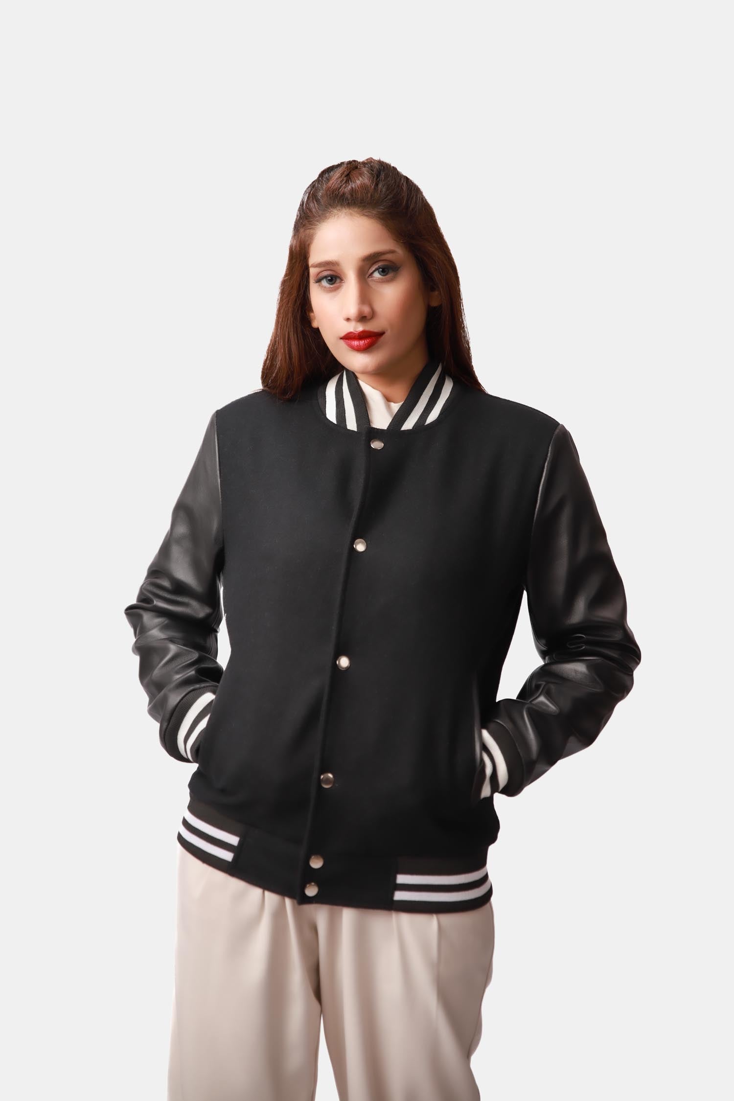 Aria Black Wool Leather Varsity Jacket For Women