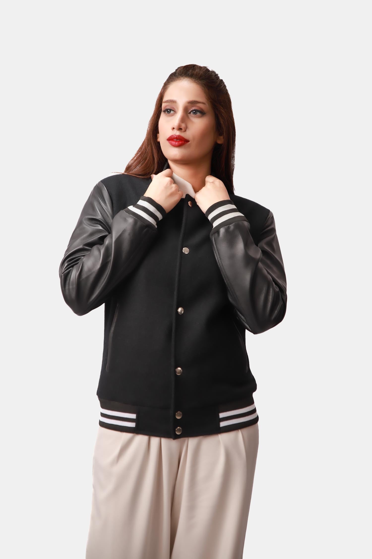 Aria Black Wool Leather Varsity Jacket For Women